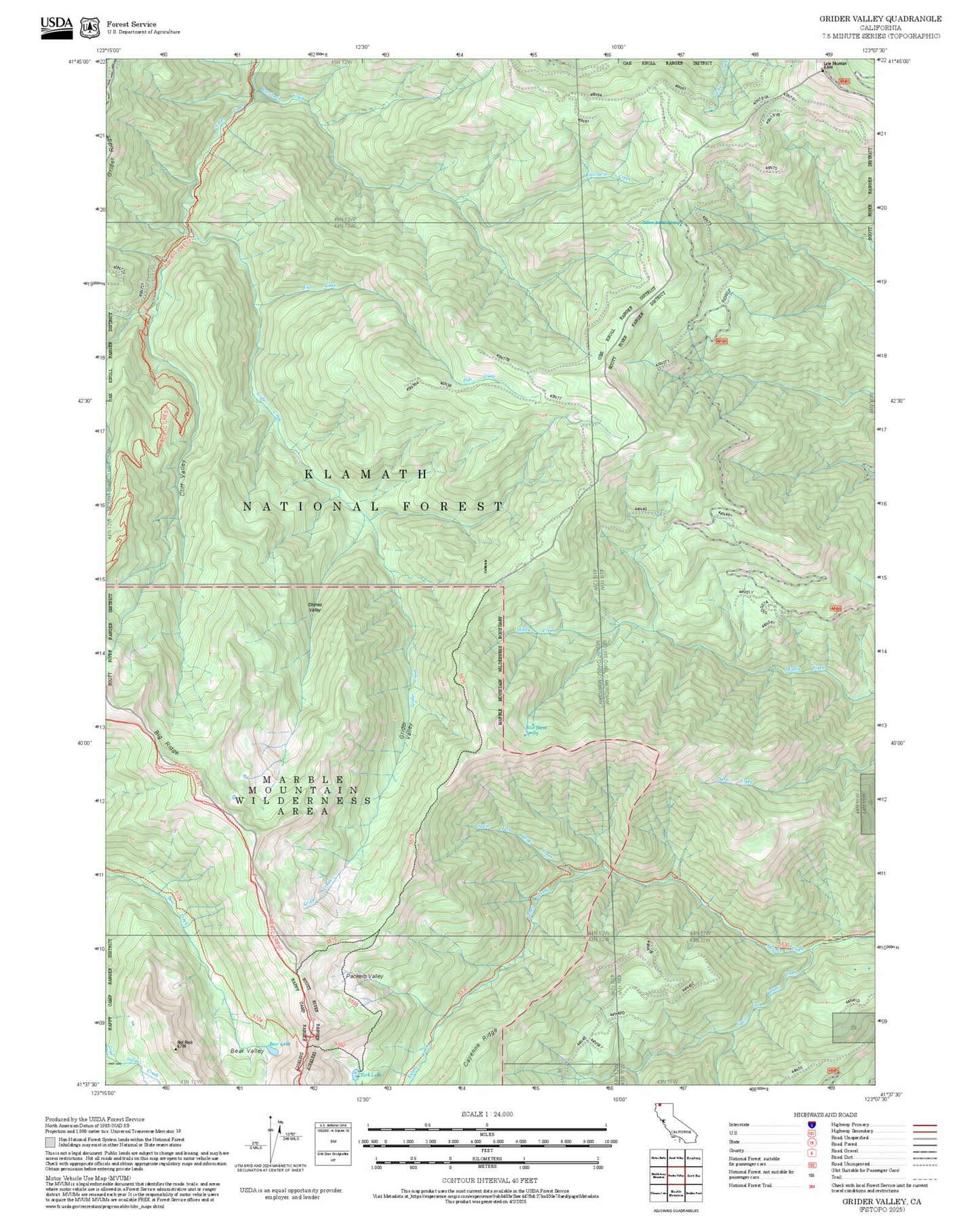 2025 Forest Service Topo Map of Grider Valley California