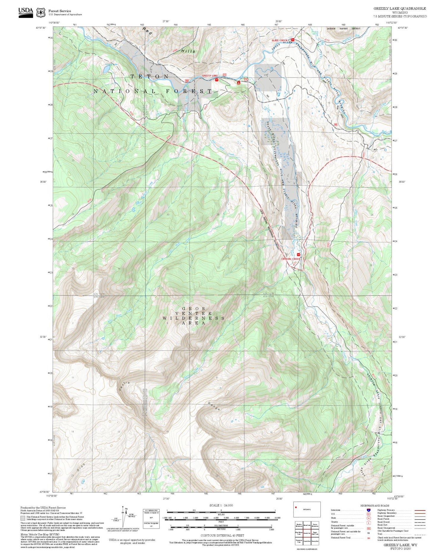 2025 Forest Service Topo Map of Grizzly Lake Wyoming
