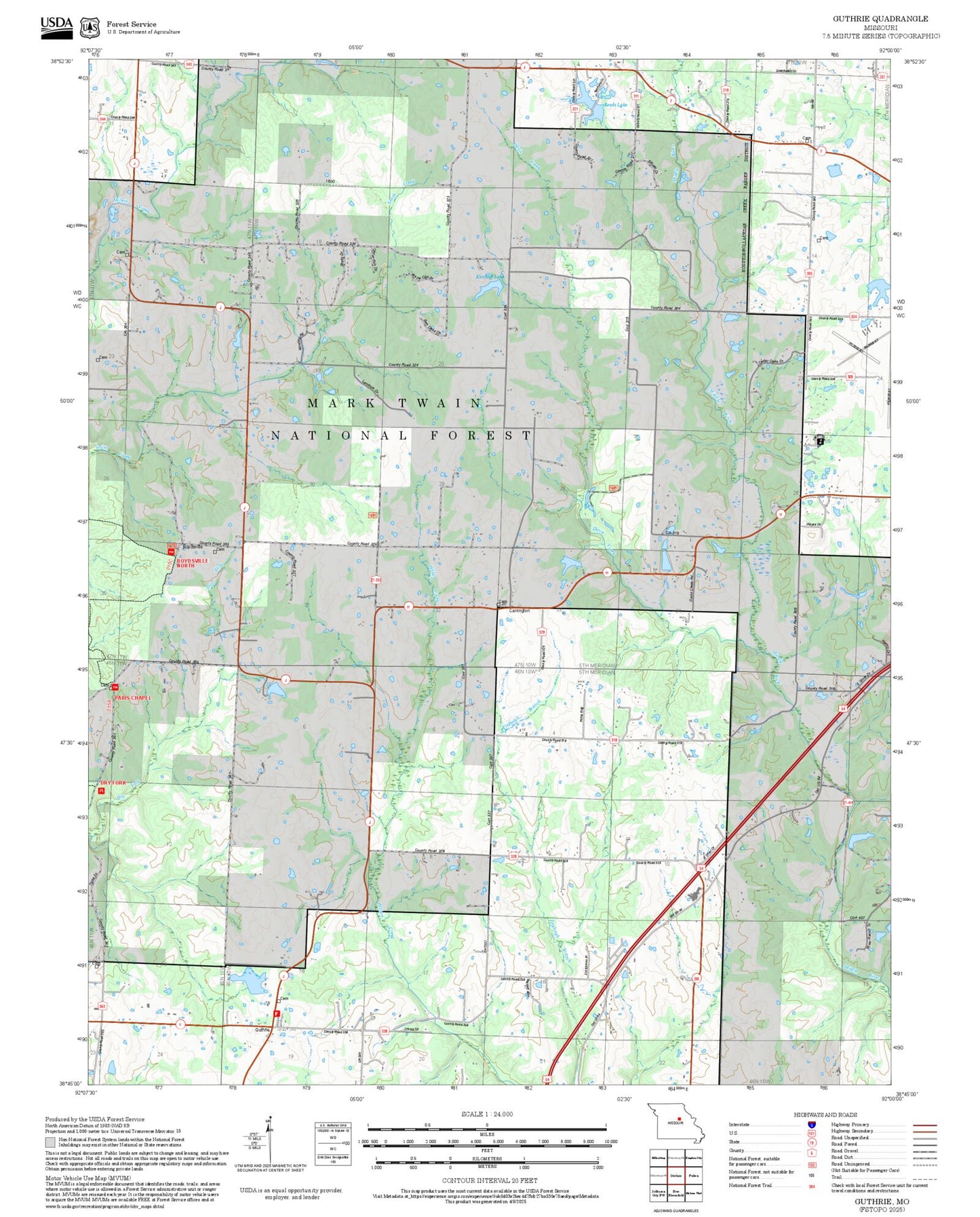 2025 Forest Service Topo Map of Guthrie Missouri