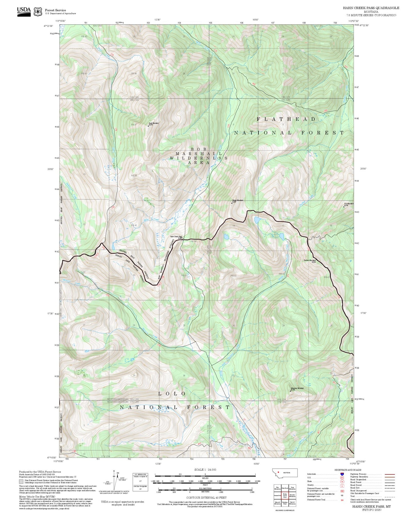2025 Forest Service Topo Map of Hahn Creek Pass Montana