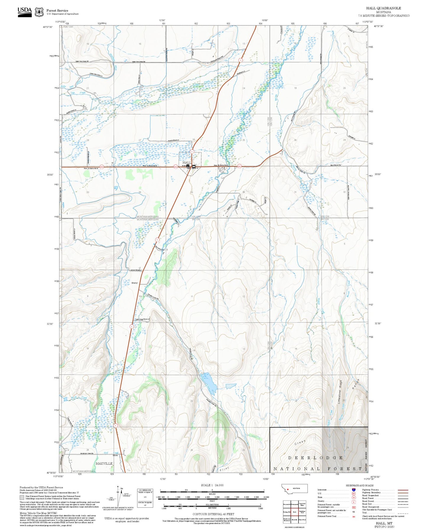 2025 Forest Service Topo Map of Hall Montana