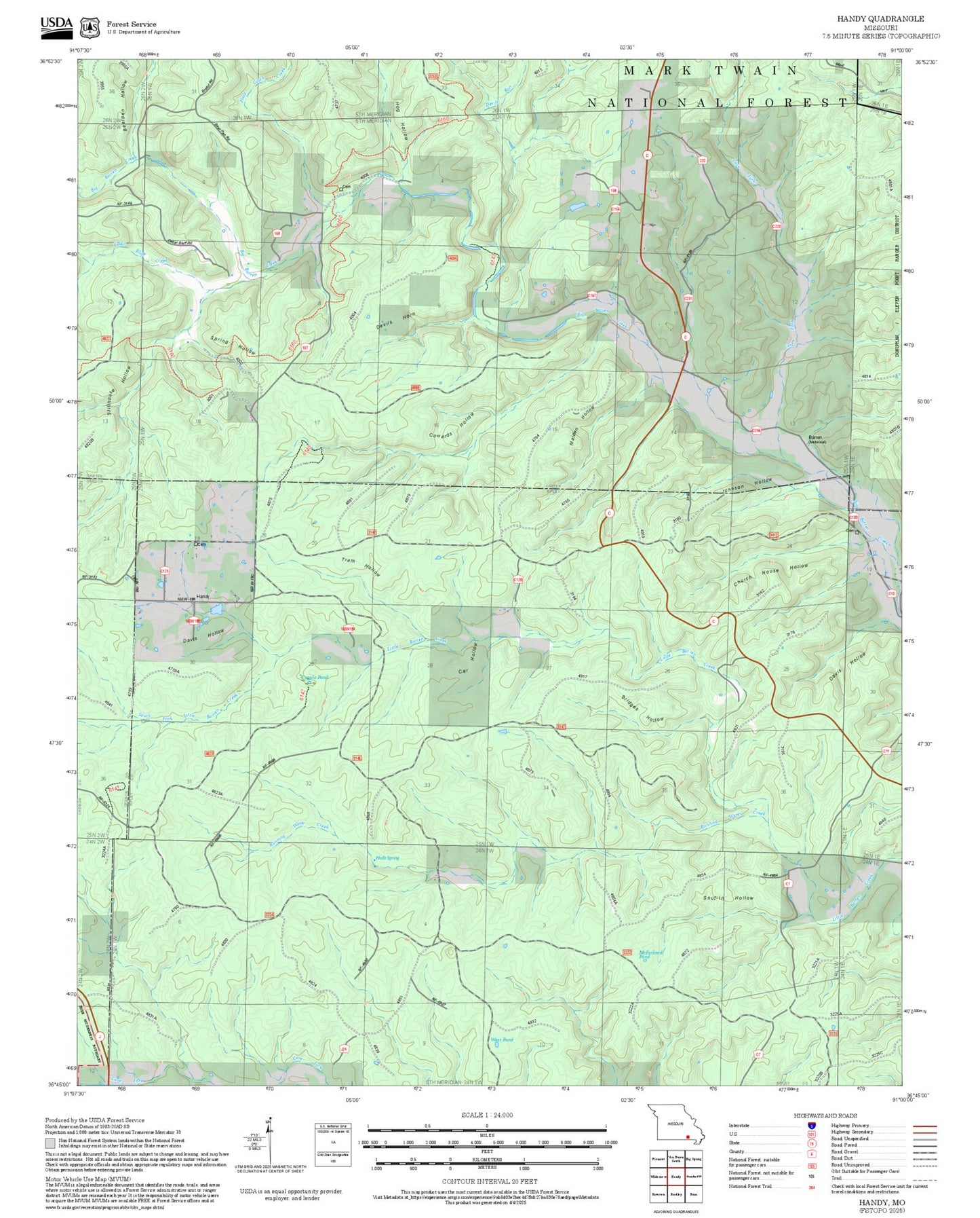 2025 Forest Service Topo Map of Handy Missouri