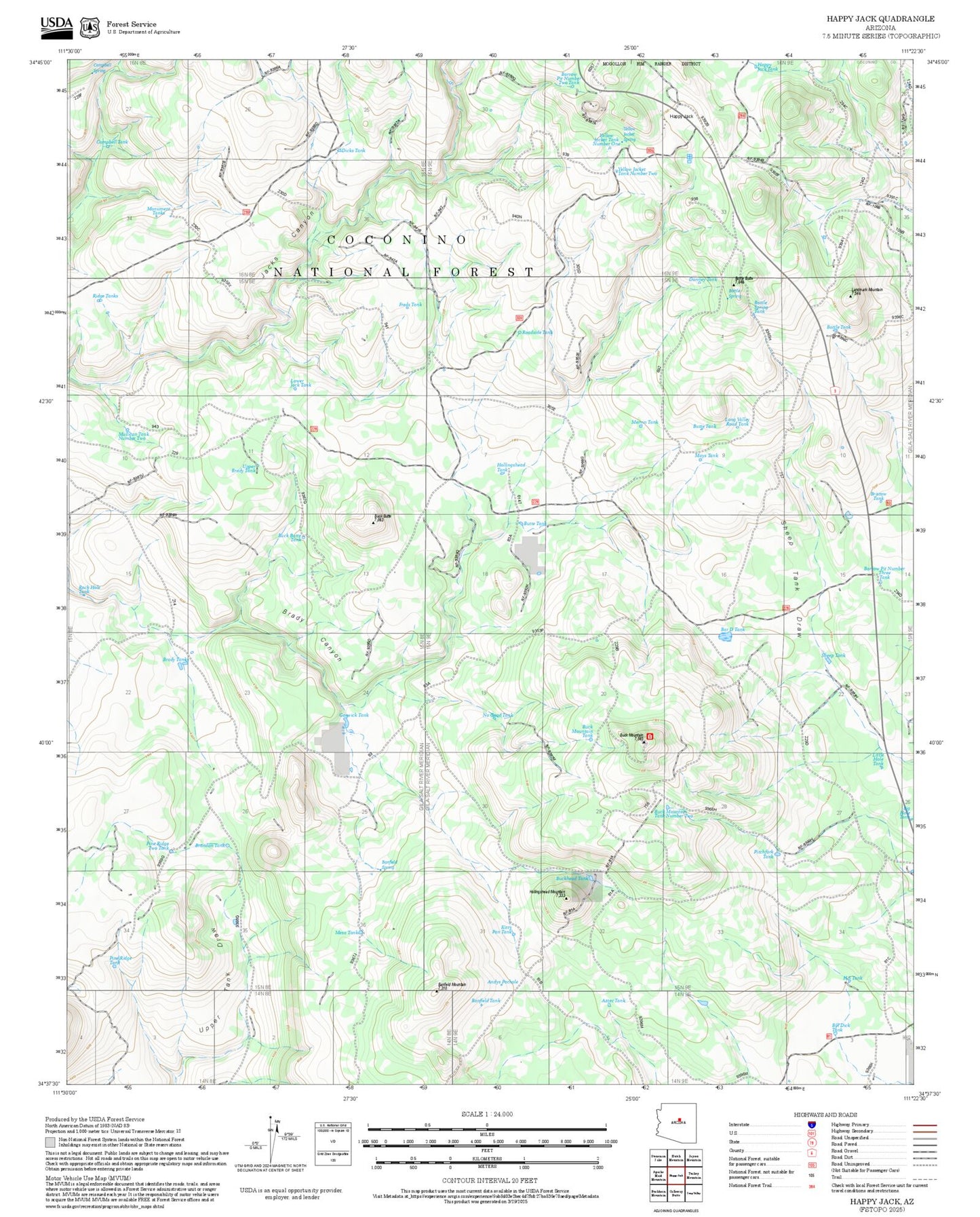 2025 Forest Service Topo Map of Happy Jack Arizona