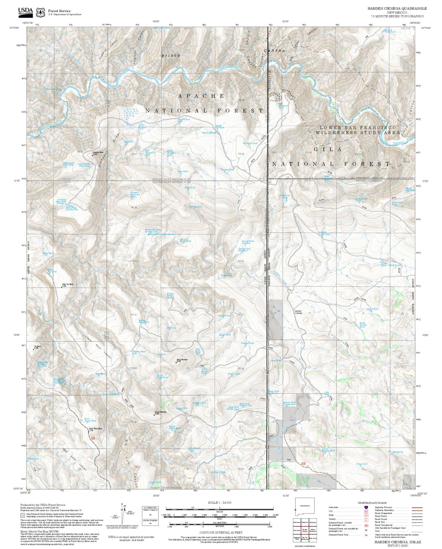 2025 Forest Service Topo Map of Harden Cienega New Mexico