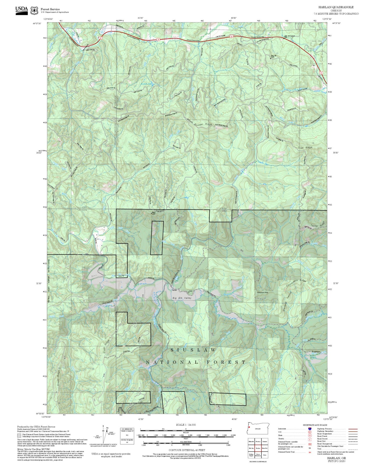 2025 Forest Service Topo Map of Harlan Oregon