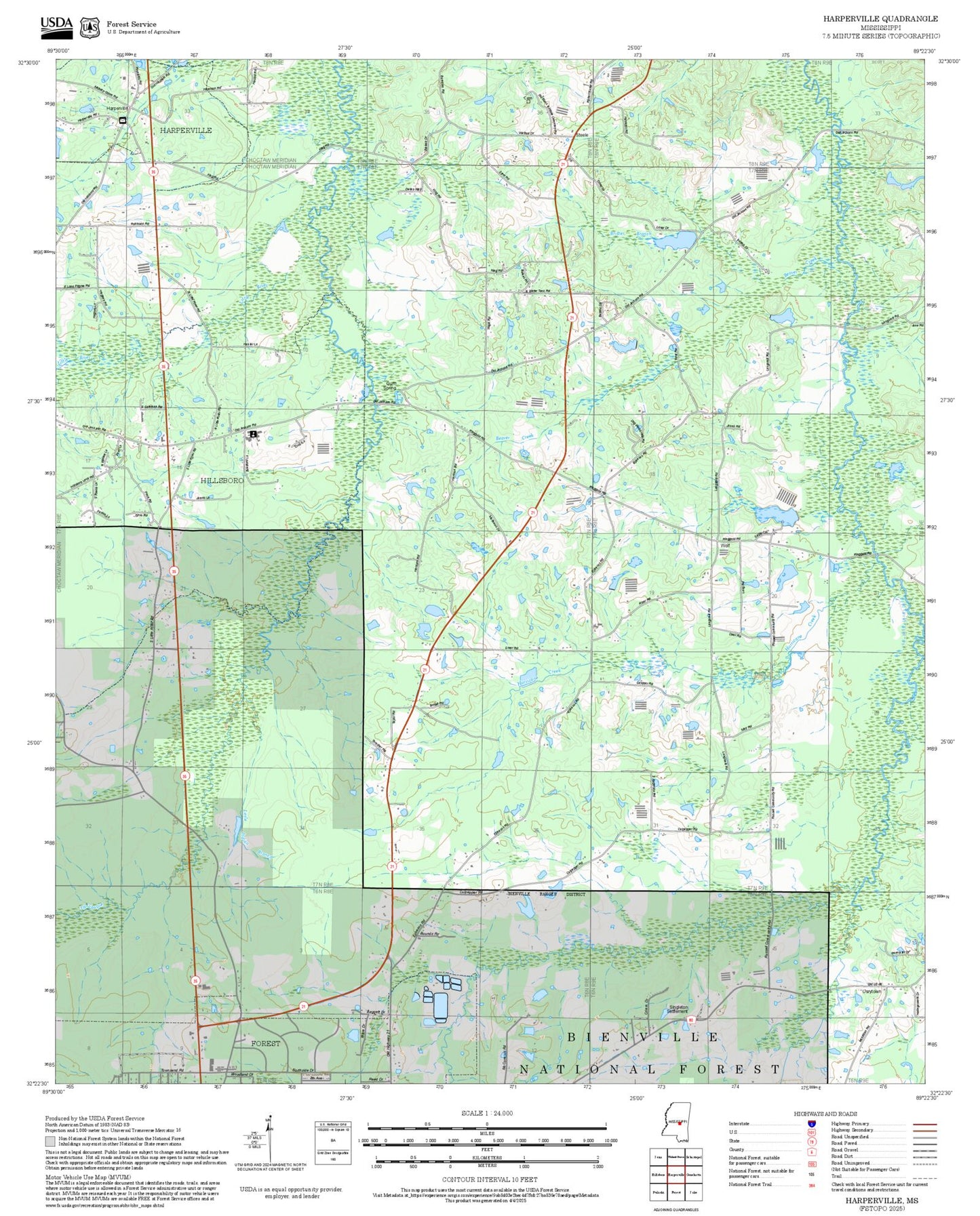 2025 Forest Service Topo Map of Harperville Mississippi