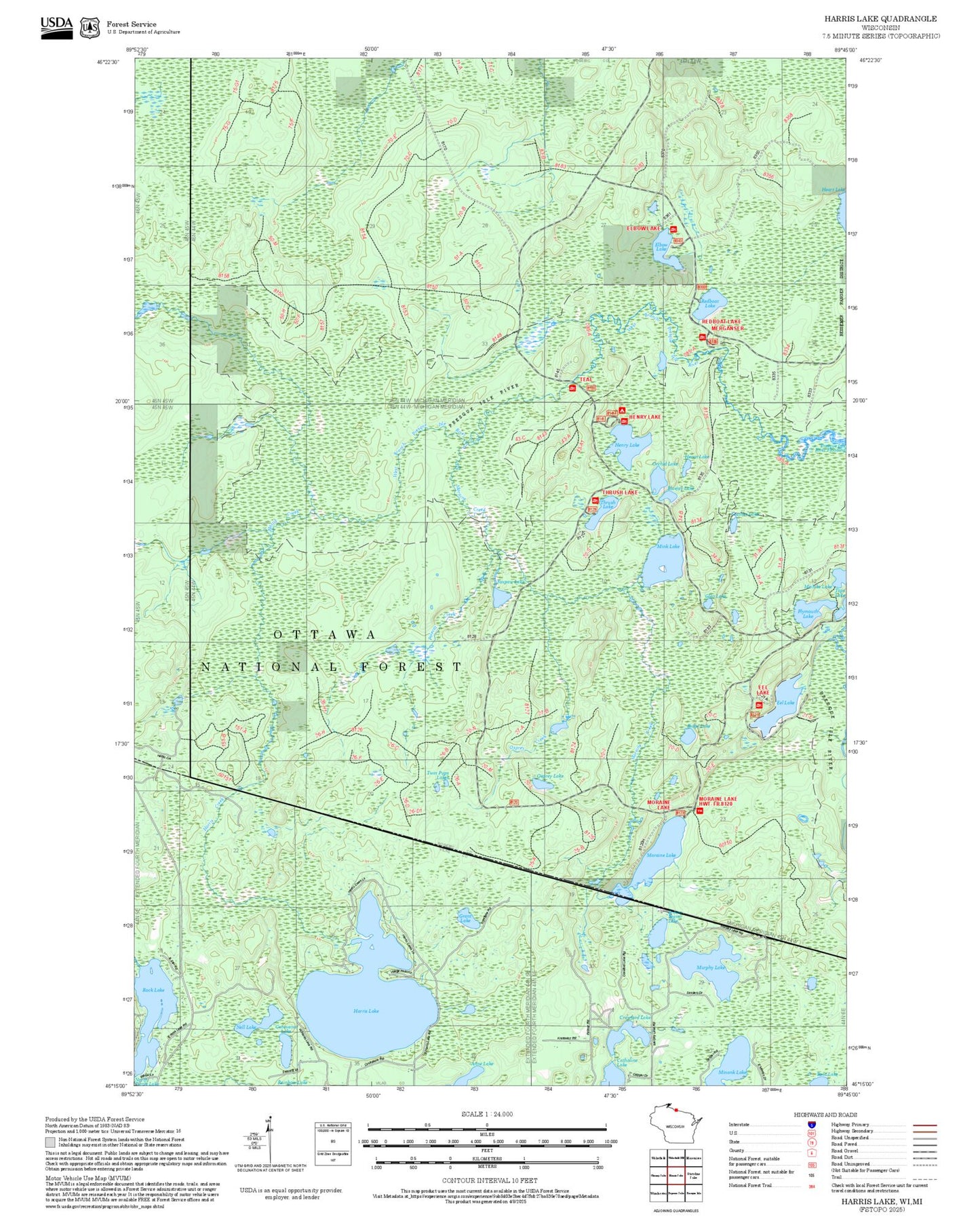 2025 Forest Service Topo Map of Harris Lake Wisconsin