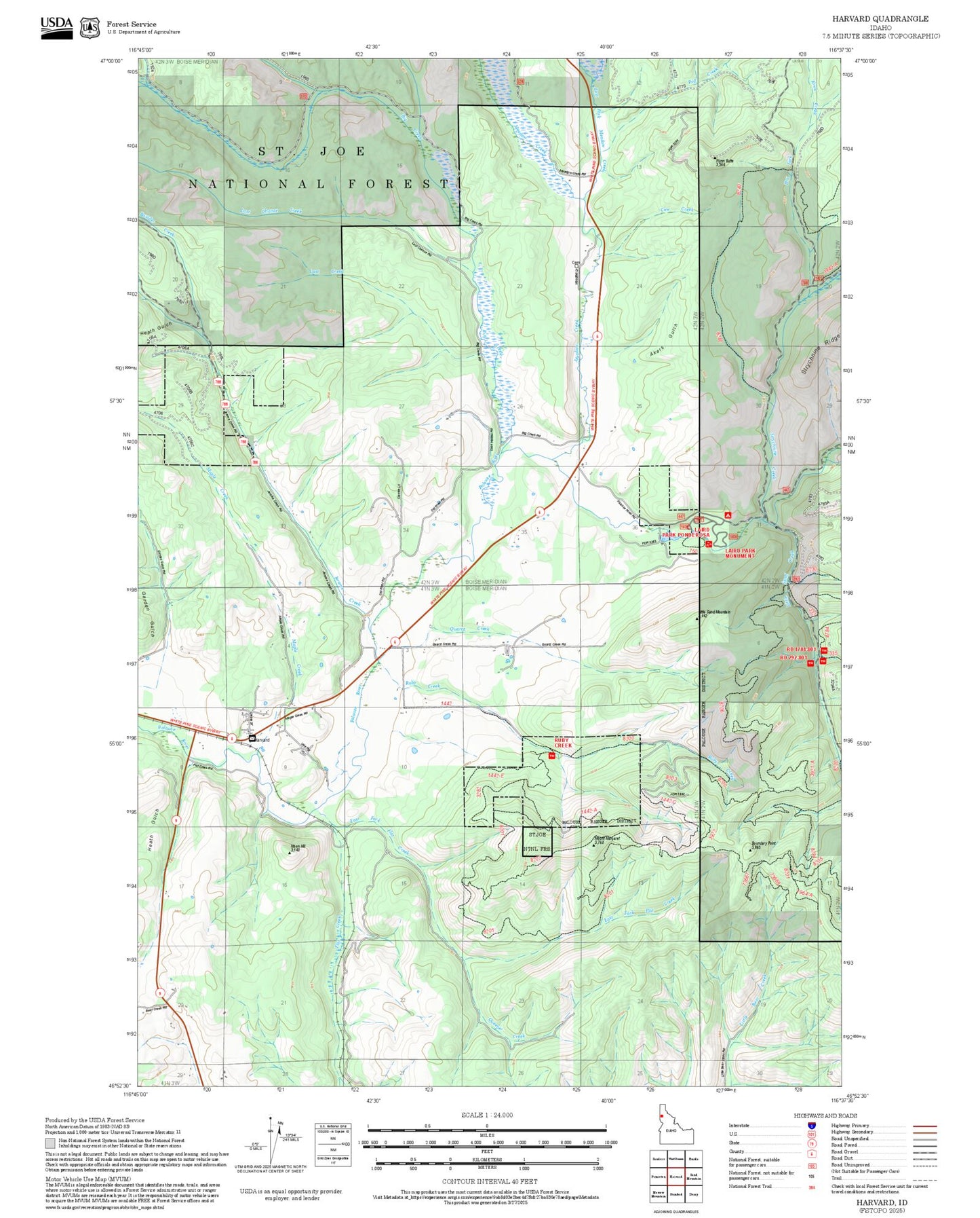 2025 Forest Service Topo Map of Harvard Idaho