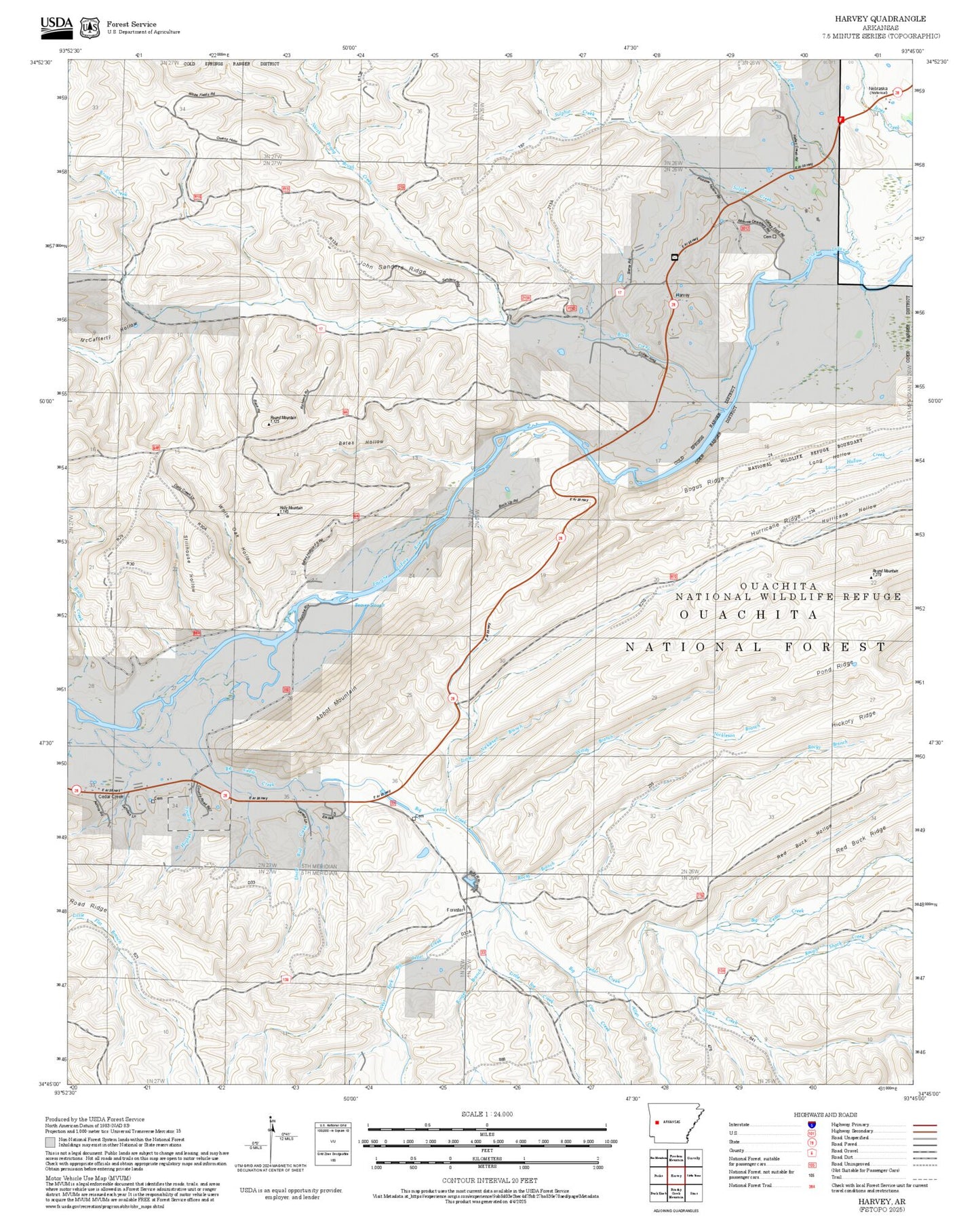 2025 Forest Service Topo Map of Harvey Arkansas