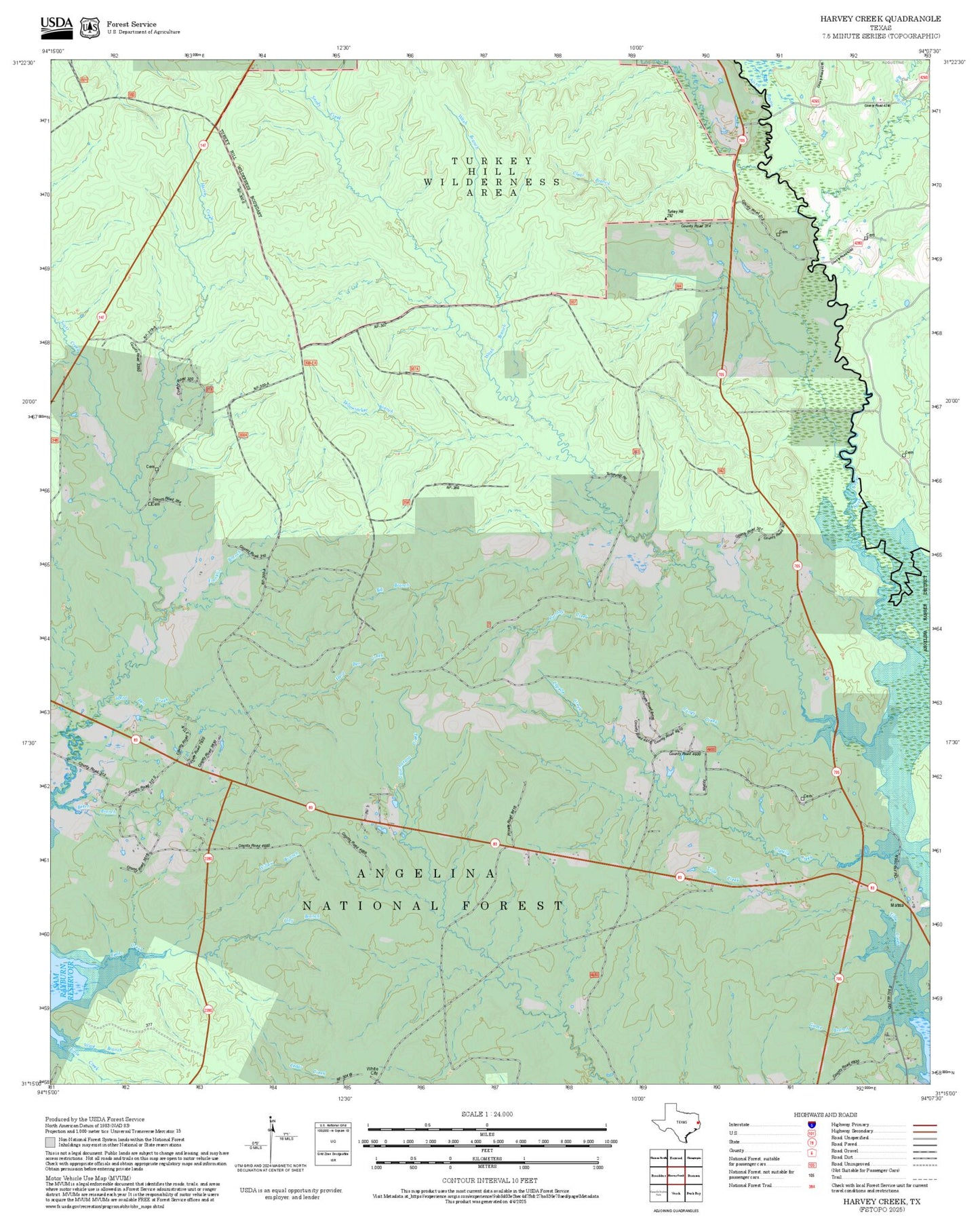 2025 Forest Service Topo Map of Harvey Creek Texas
