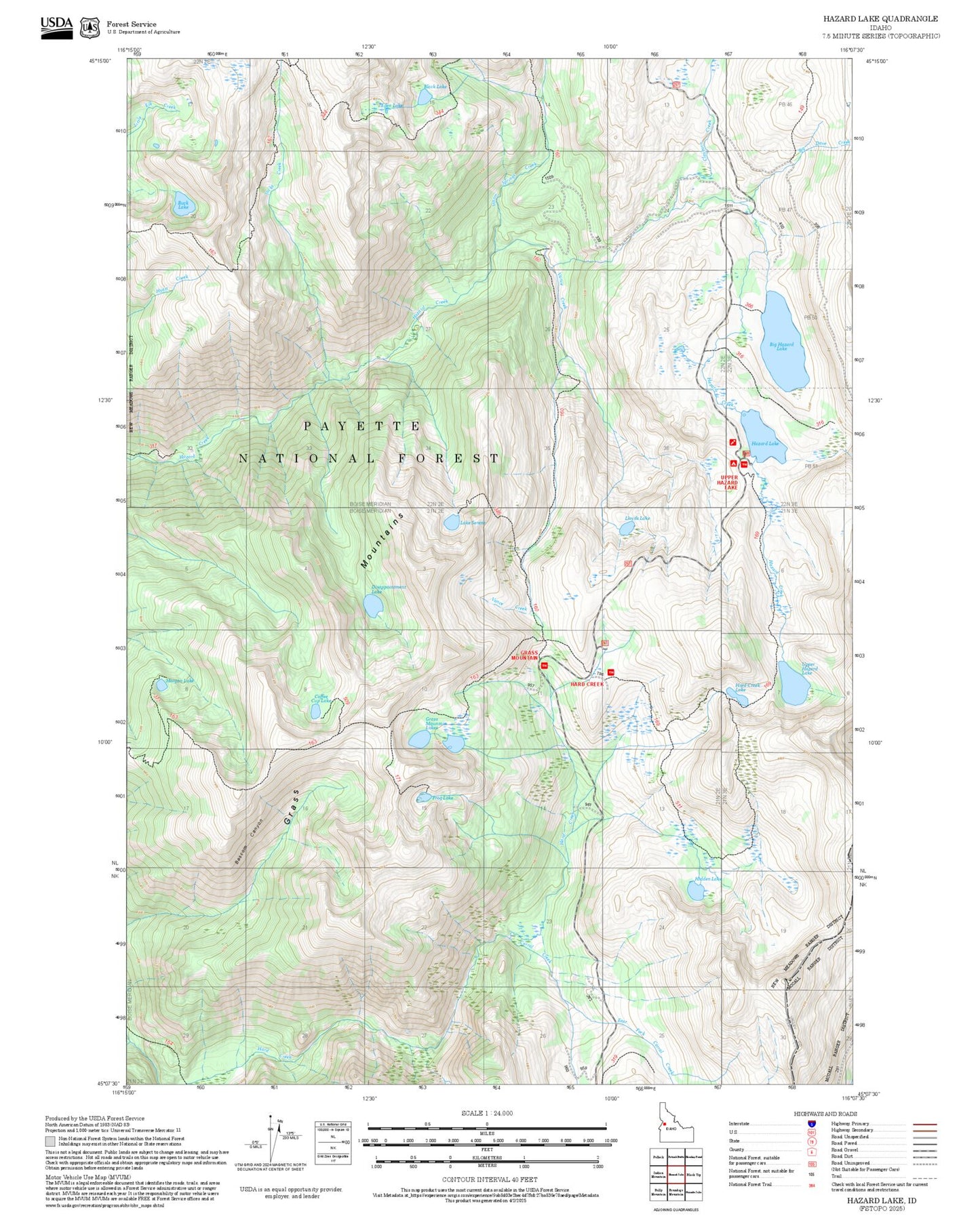 2025 Forest Service Topo Map of Hazard Lake Idaho