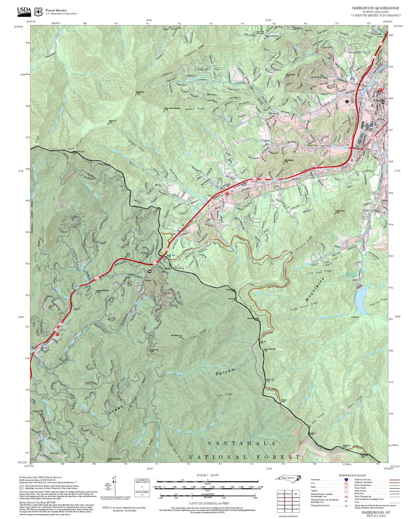 2025 Forest Service Topo Map of Hazelwood North Carolina