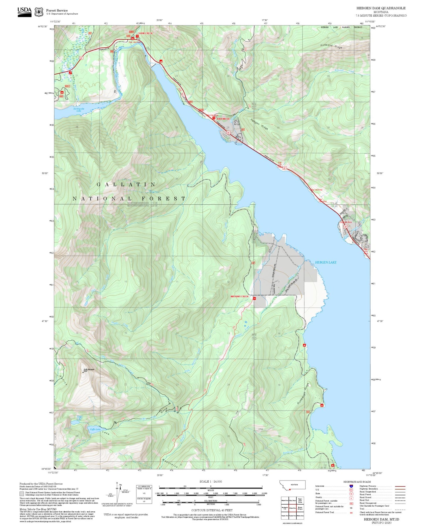 2025 Forest Service Topo Map of Hebgen Dam Montana