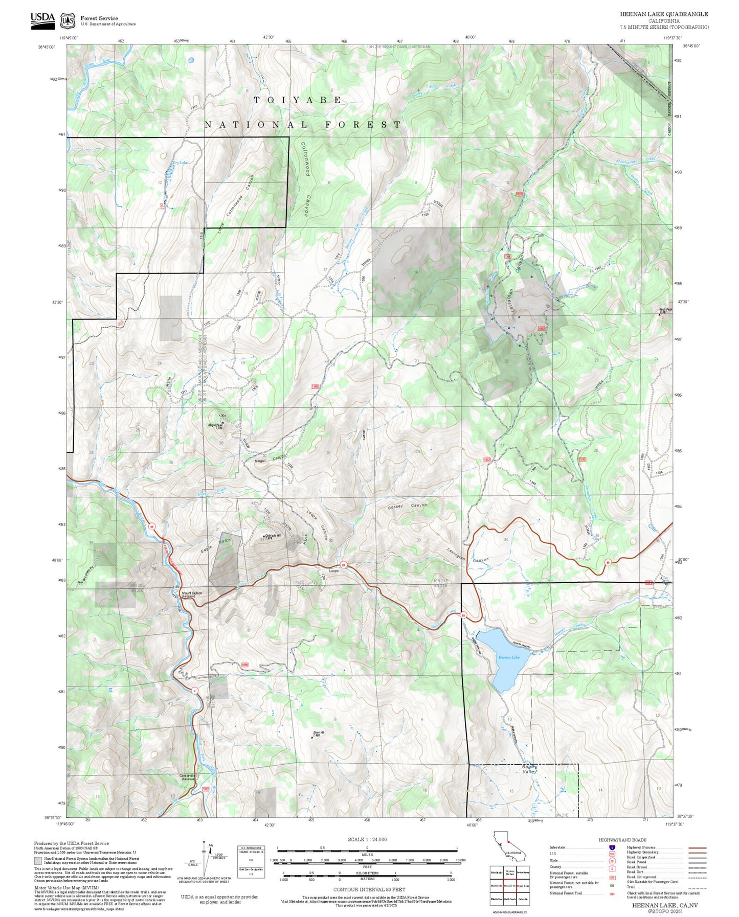 2025 Forest Service Topo Map of Heenan Lake California
