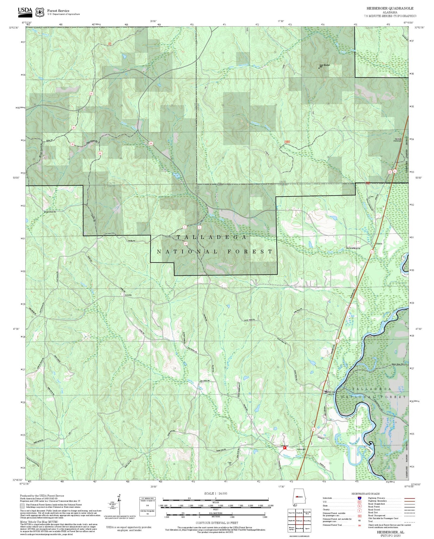 2025 Forest Service Topo Map of Heiberger Alabama