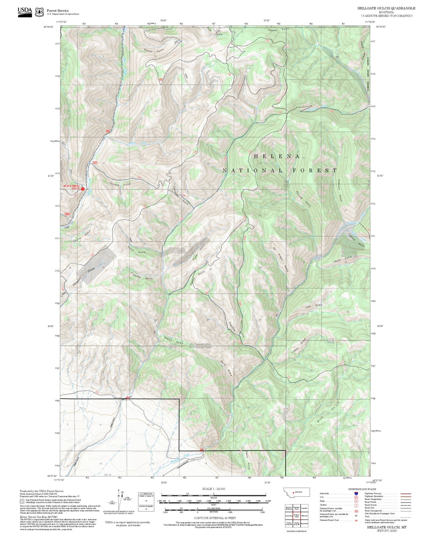2025 Forest Service Topo Map of Hellgate Gulch Montana