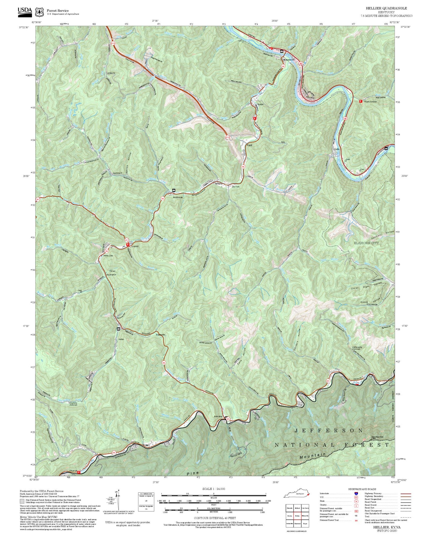 2025 Forest Service Topo Map of Hellier Kentucky