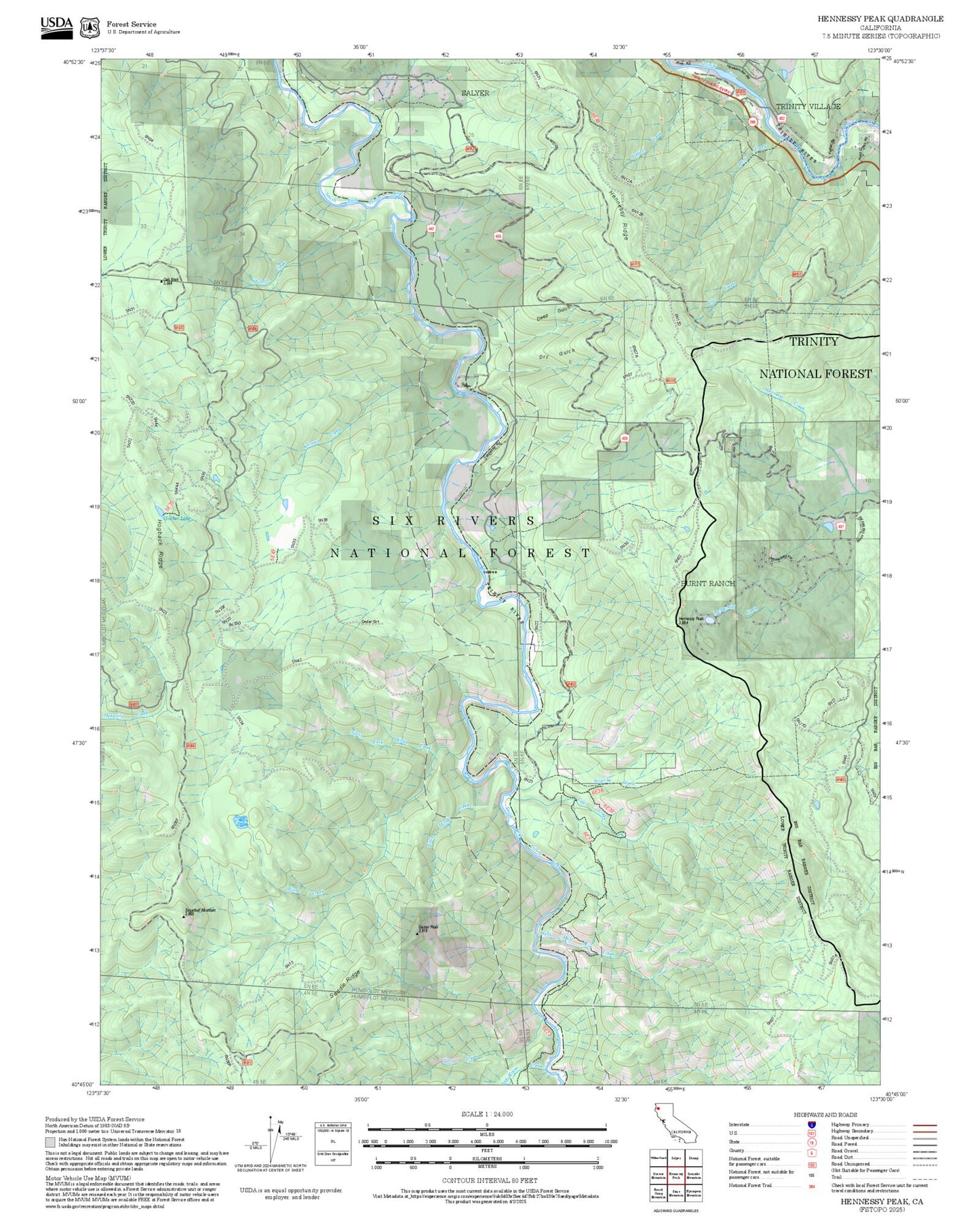2025 Forest Service Topo Map of Hennessy Peak California
