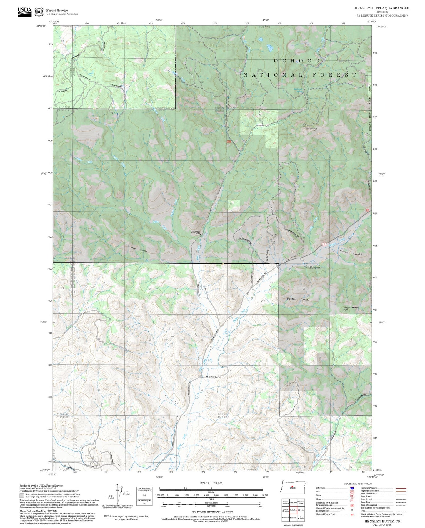 2025 Forest Service Topo Map of Hensley Butte Oregon