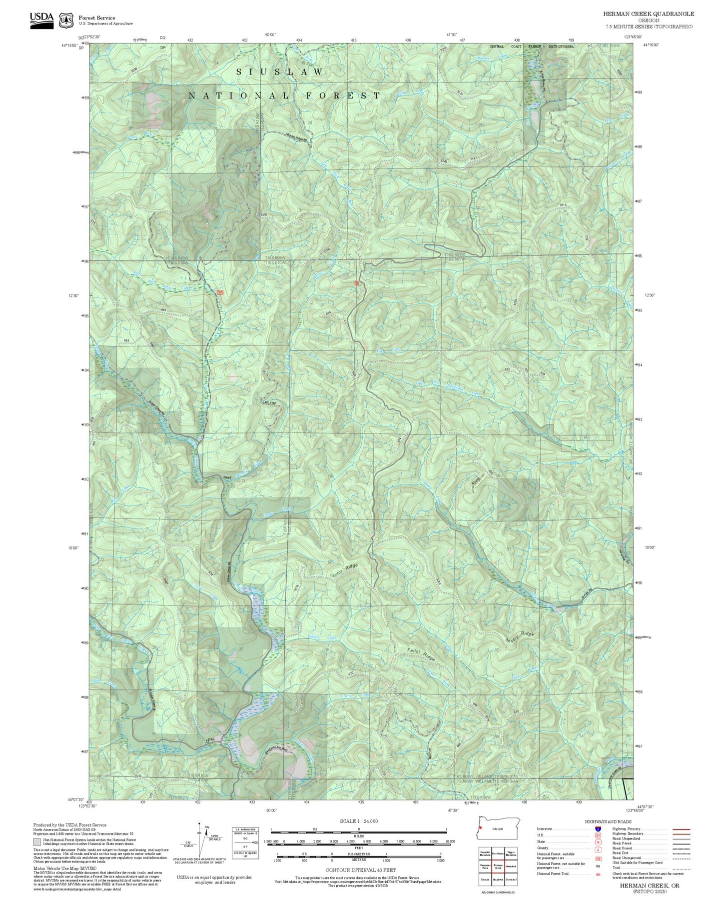 2025 Forest Service Topo Map of Herman Creek Oregon