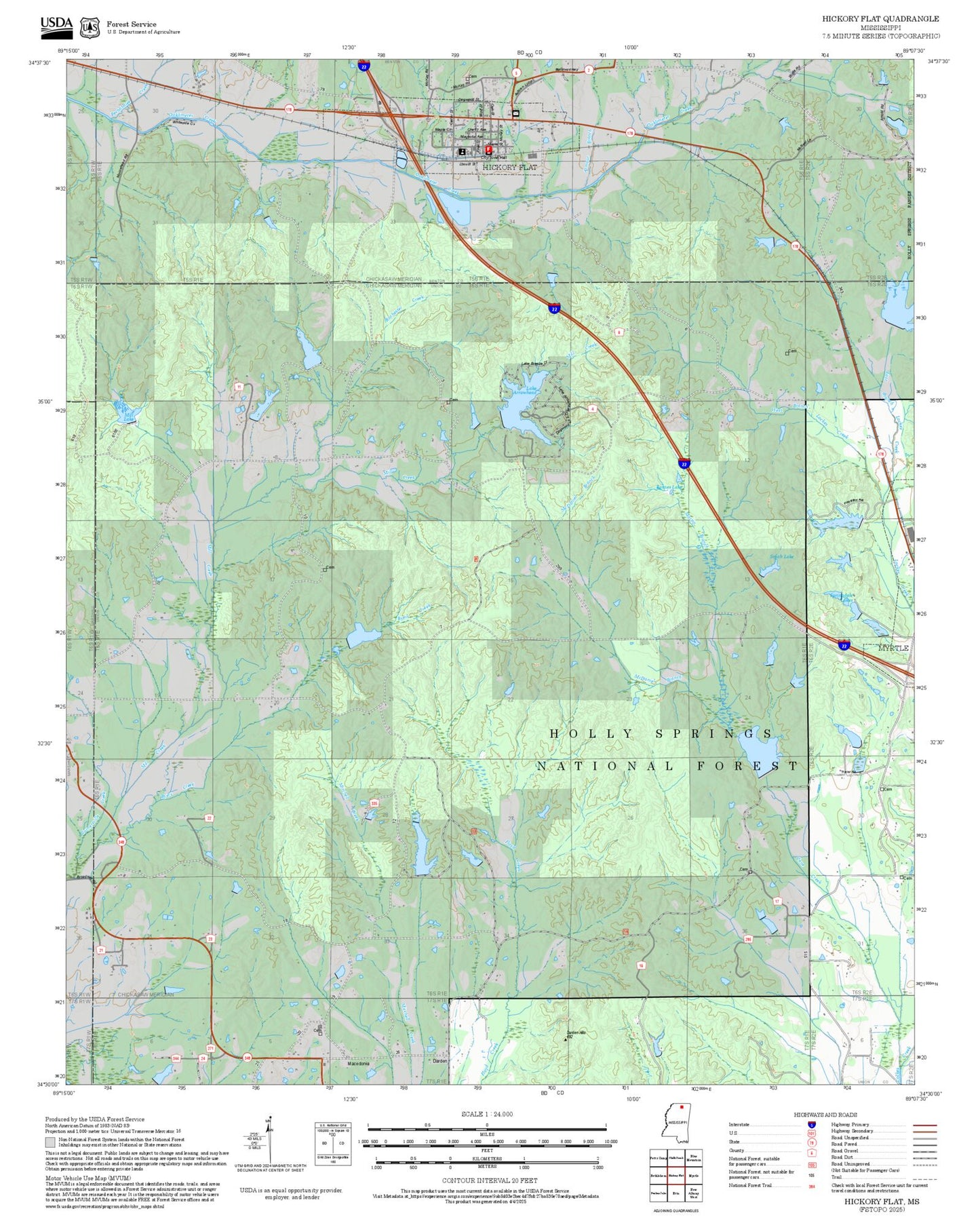 2025 Forest Service Topo Map of Hickory Flat Mississippi