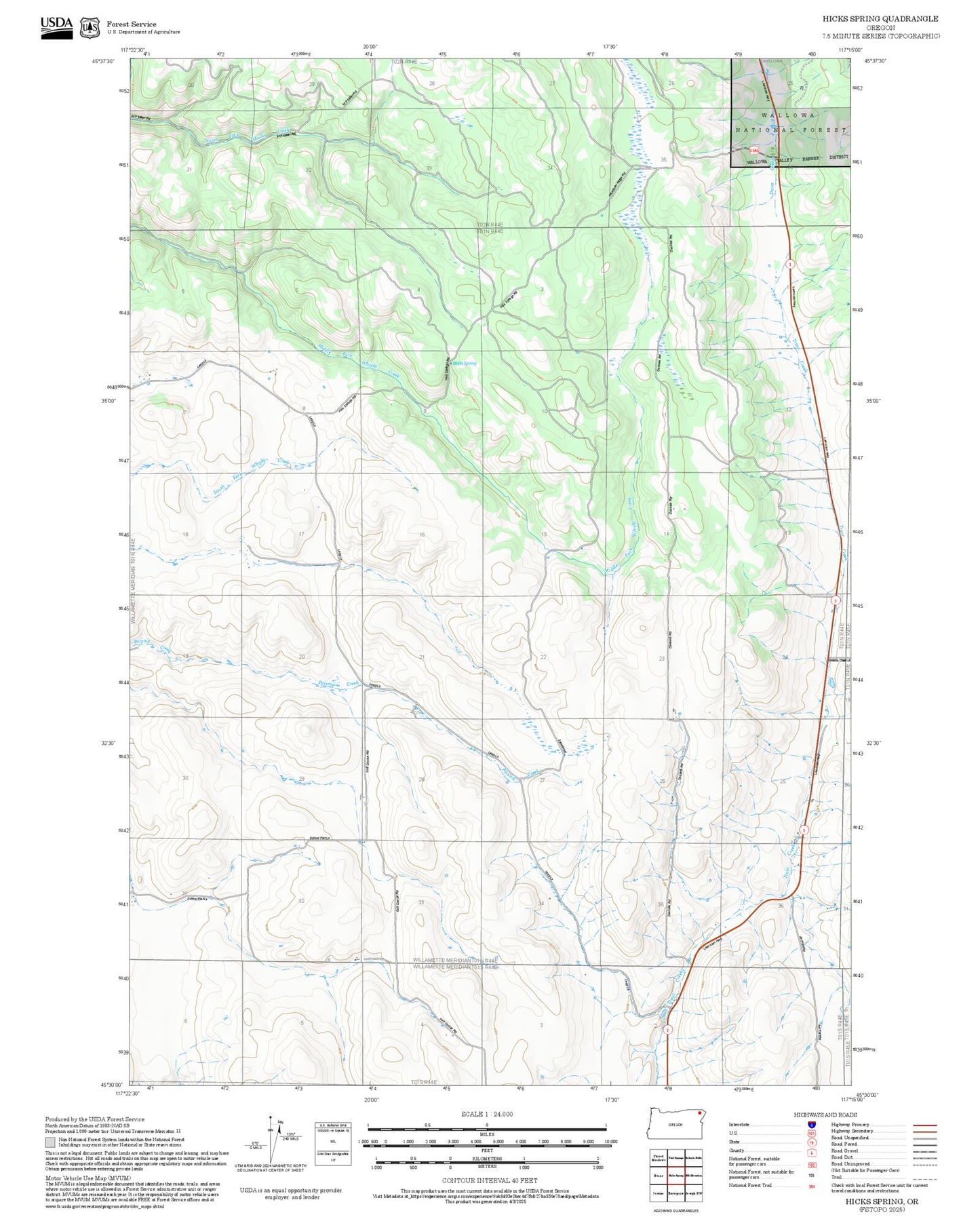 2025 Forest Service Topo Map of Hicks Spring Oregon