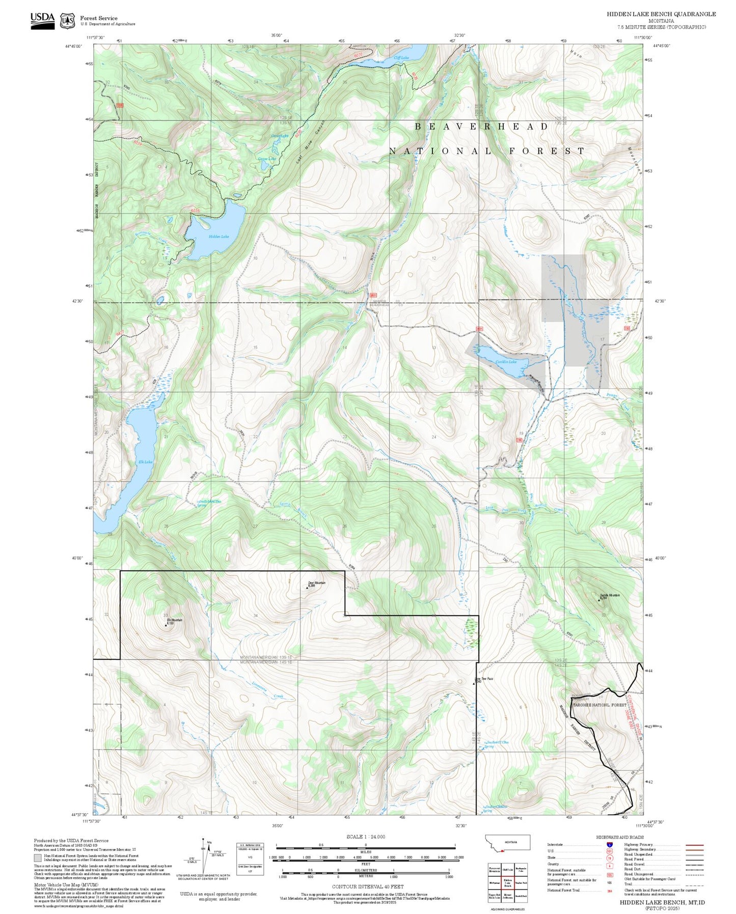 2025 Forest Service Topo Map of Hidden Lake Bench Montana
