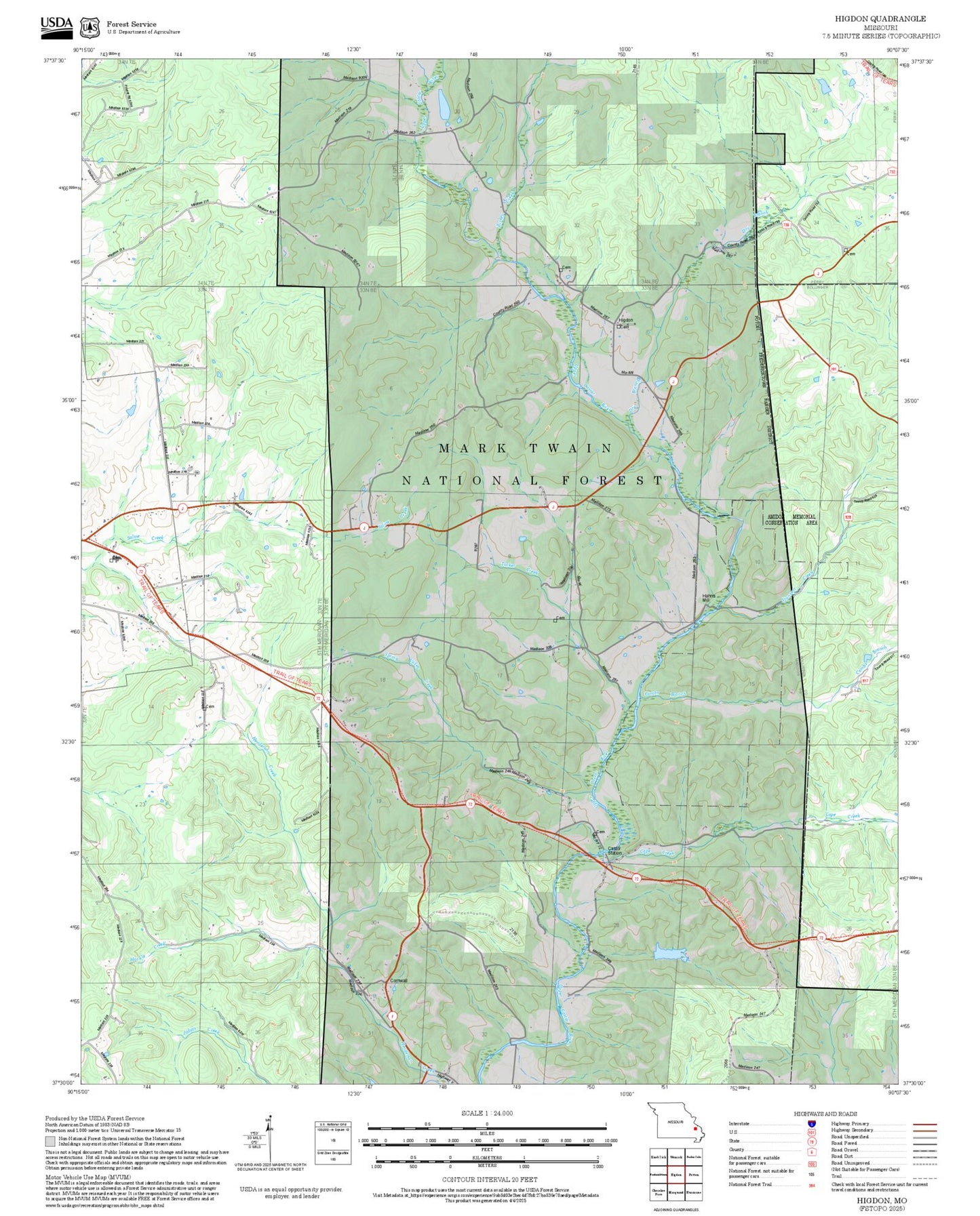 2025 Forest Service Topo Map of Higdon Missouri