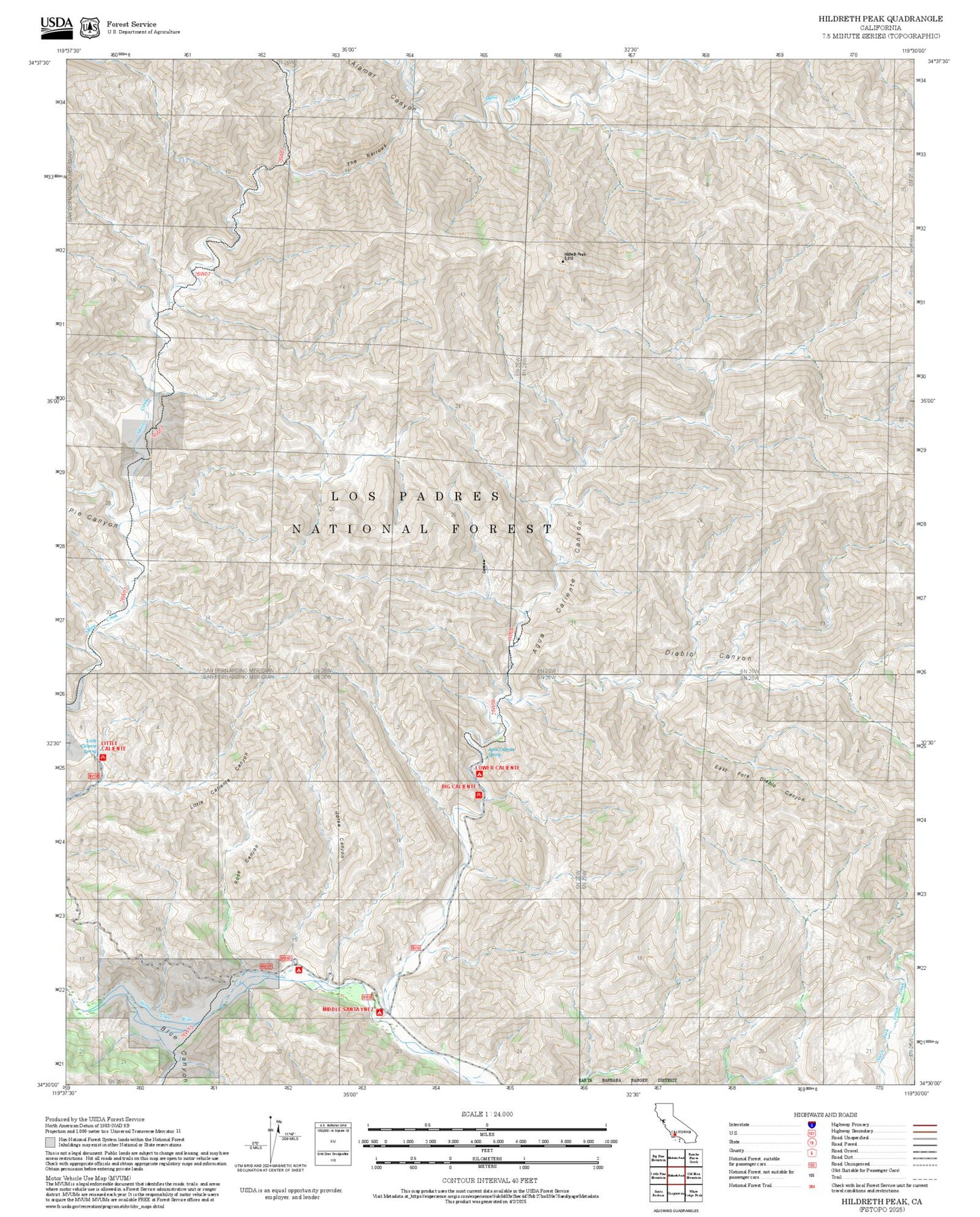 2025 Forest Service Topo Map of Hildreth Peak California