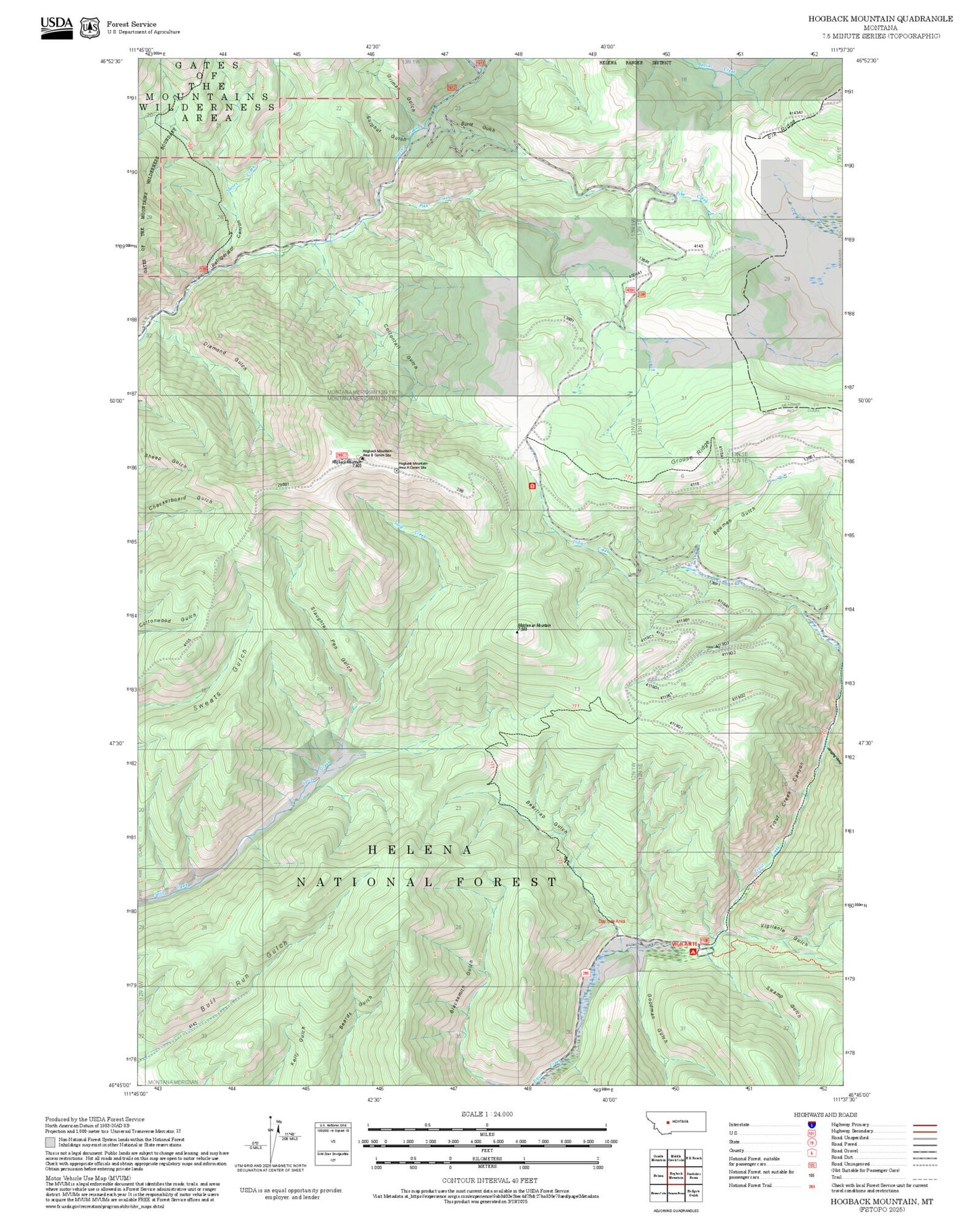 2025 Forest Service Topo Map of Hogback Mountain Montana