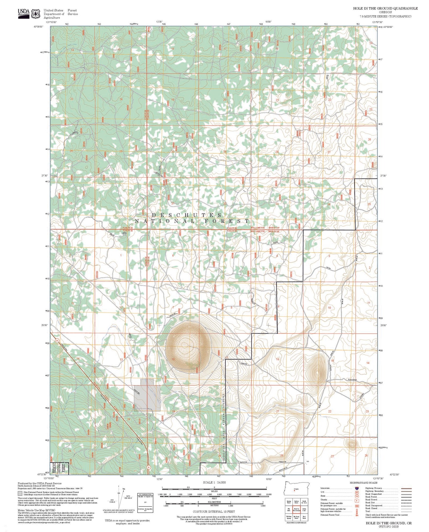 2025 Forest Service Topo Map of Hole In The Ground Oregon