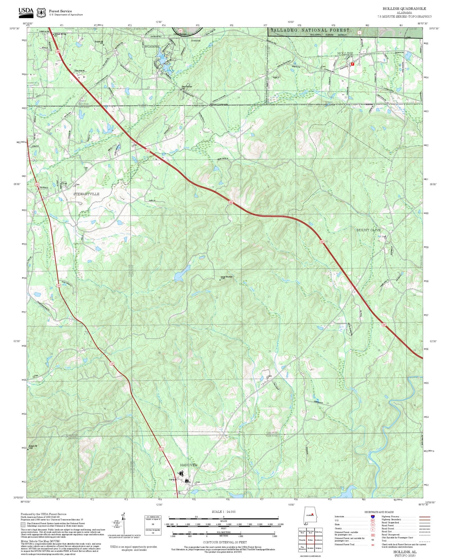 2025 Forest Service Topo Map of Hollins Alabama
