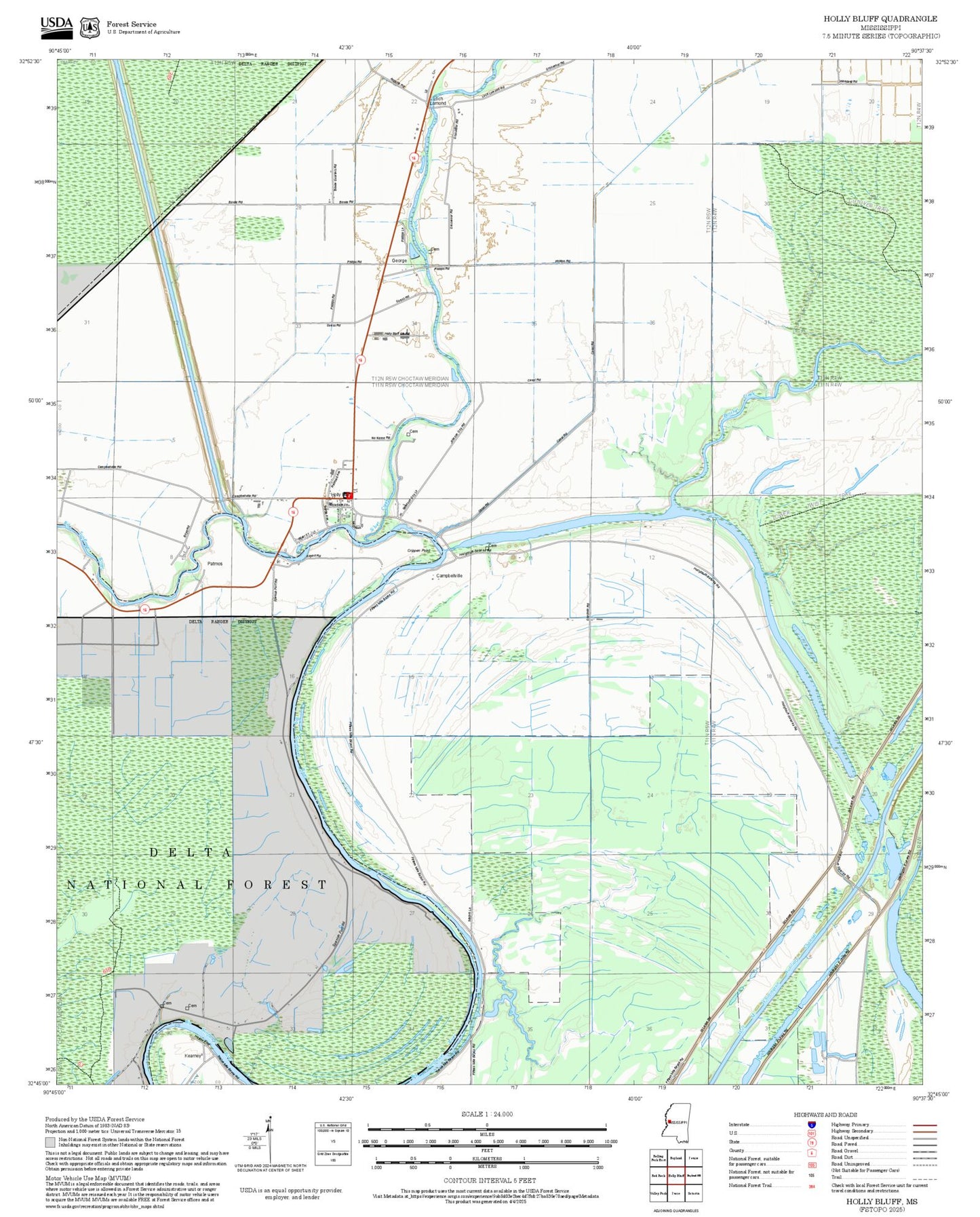 2025 Forest Service Topo Map of Holly Bluff Mississippi