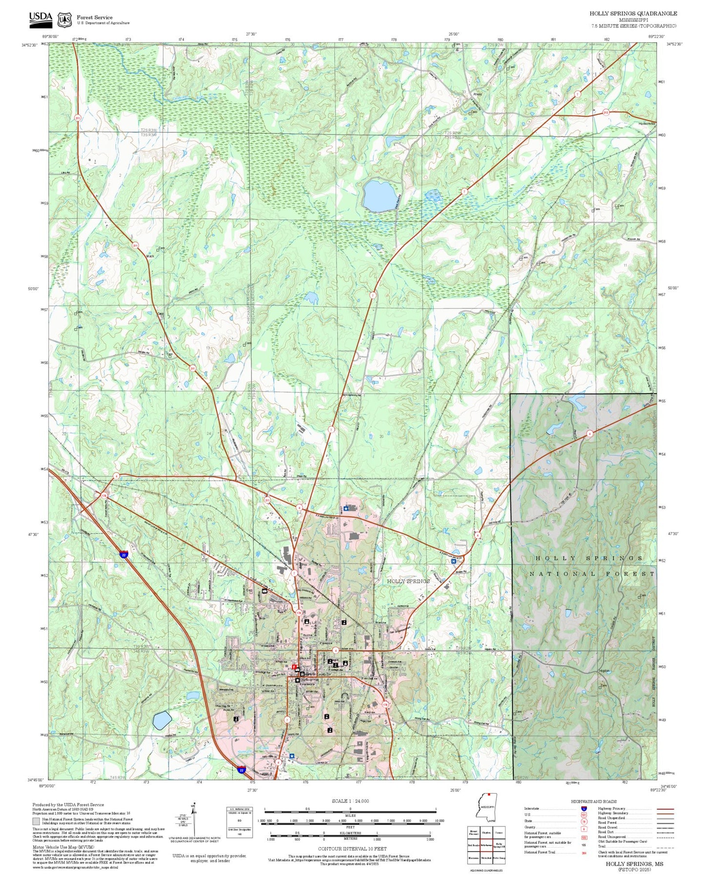2025 Forest Service Topo Map of Holly Springs Mississippi