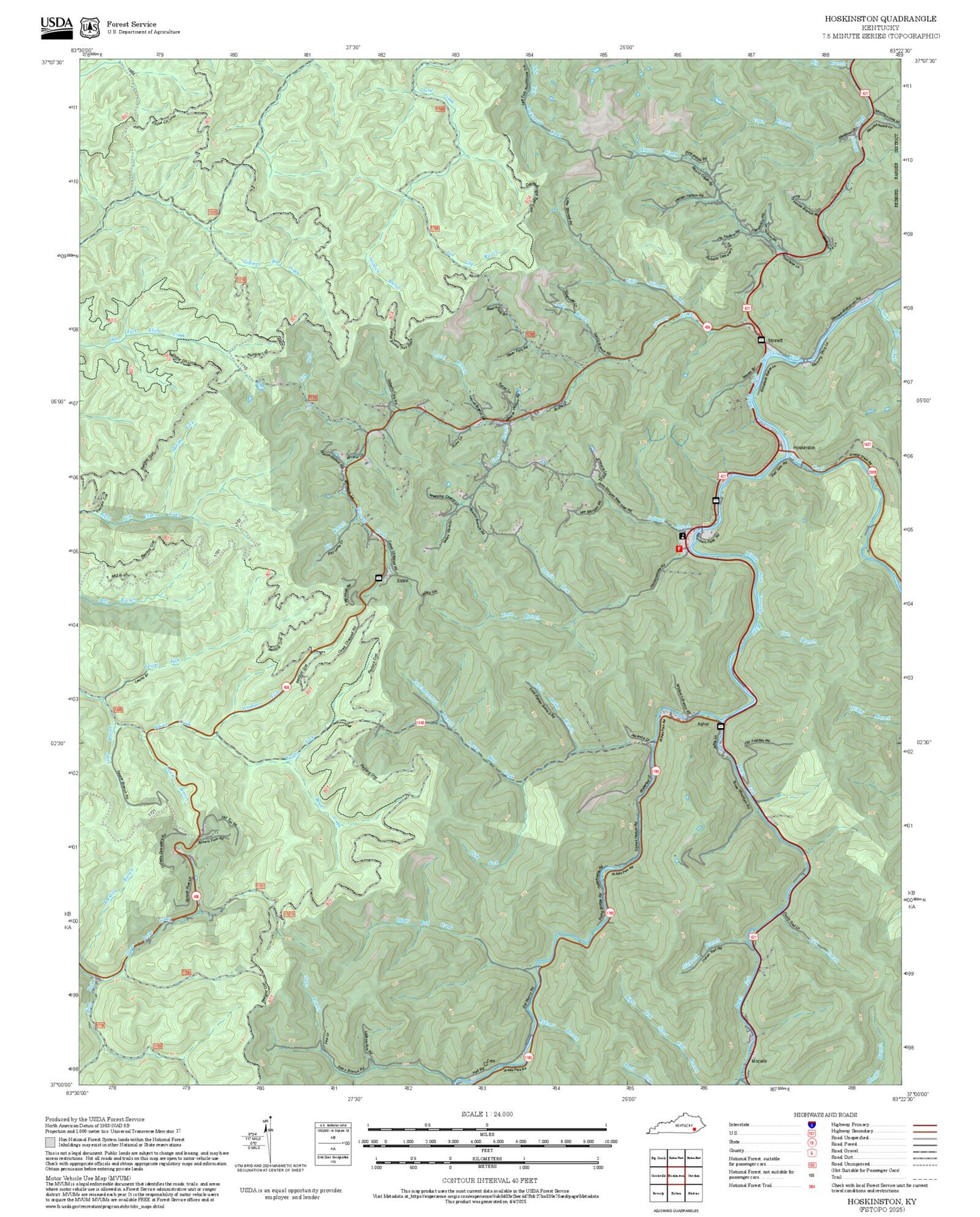 2025 Forest Service Topo Map of Hoskinston Kentucky