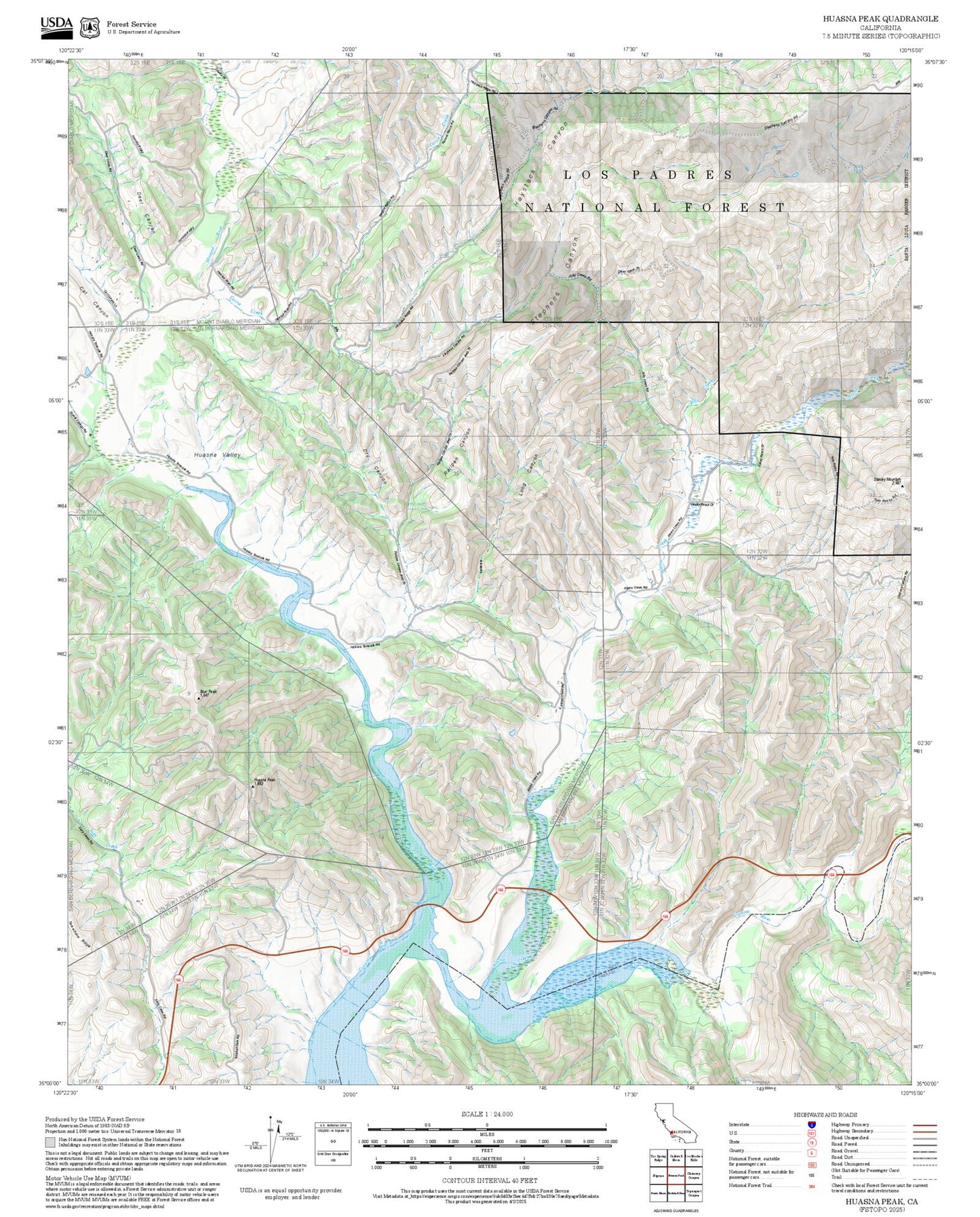 2025 Forest Service Topo Map of Huasna Peak California