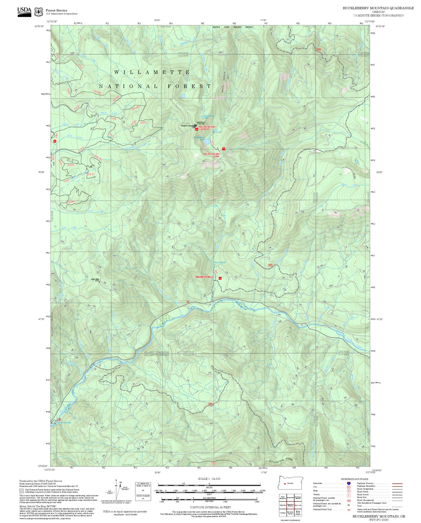 2025 Forest Service Topo Map of Huckleberry Mountain Oregon