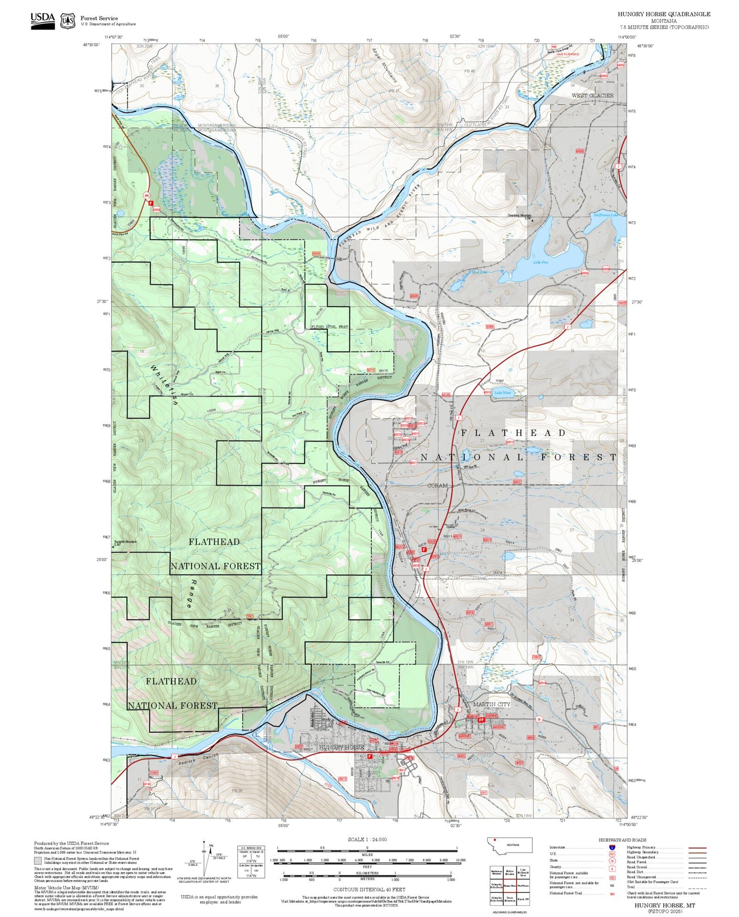 2025 Forest Service Topo Map of Hungry Horse Montana