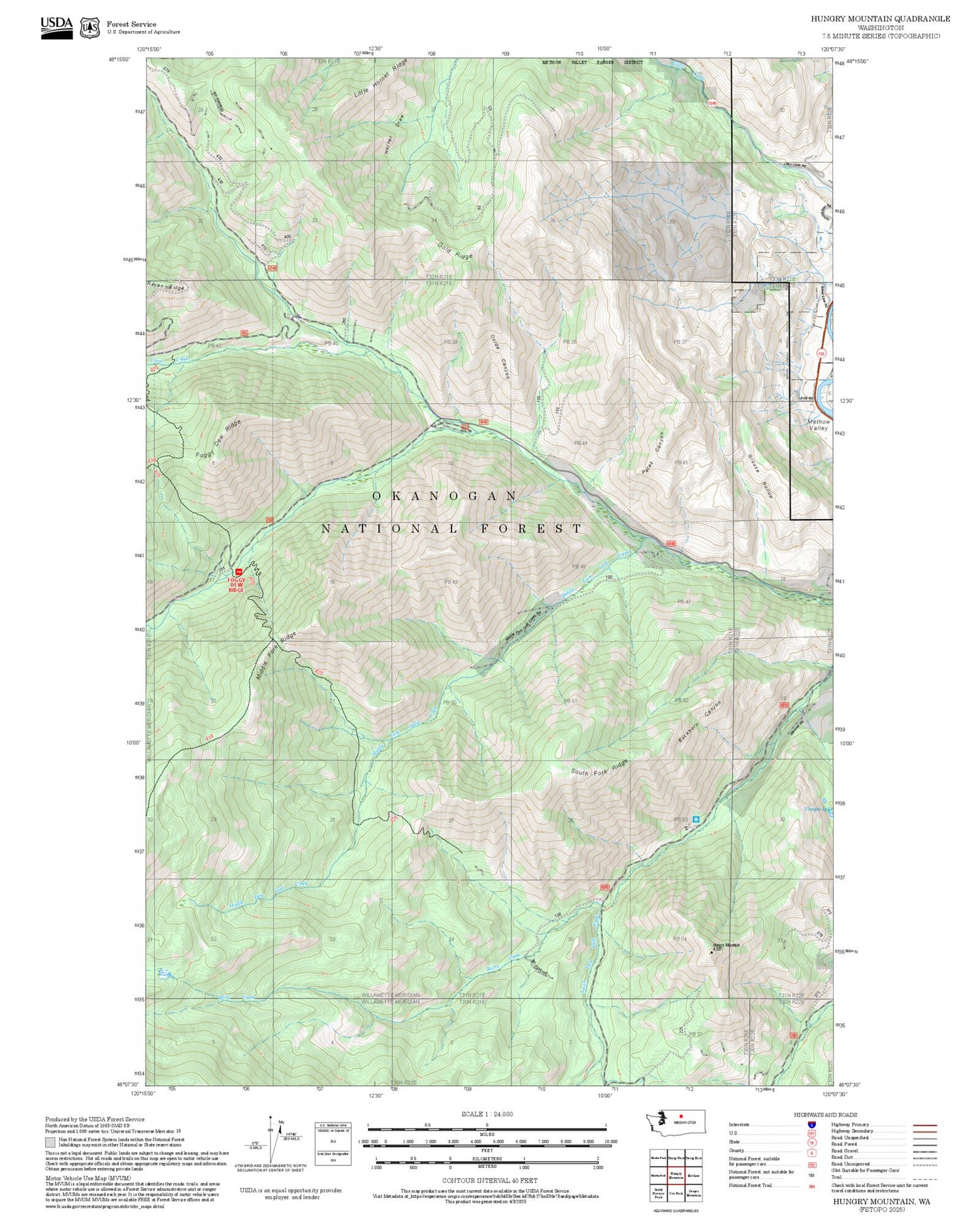 2025 Forest Service Topo Map of Hungry Mountain Washington
