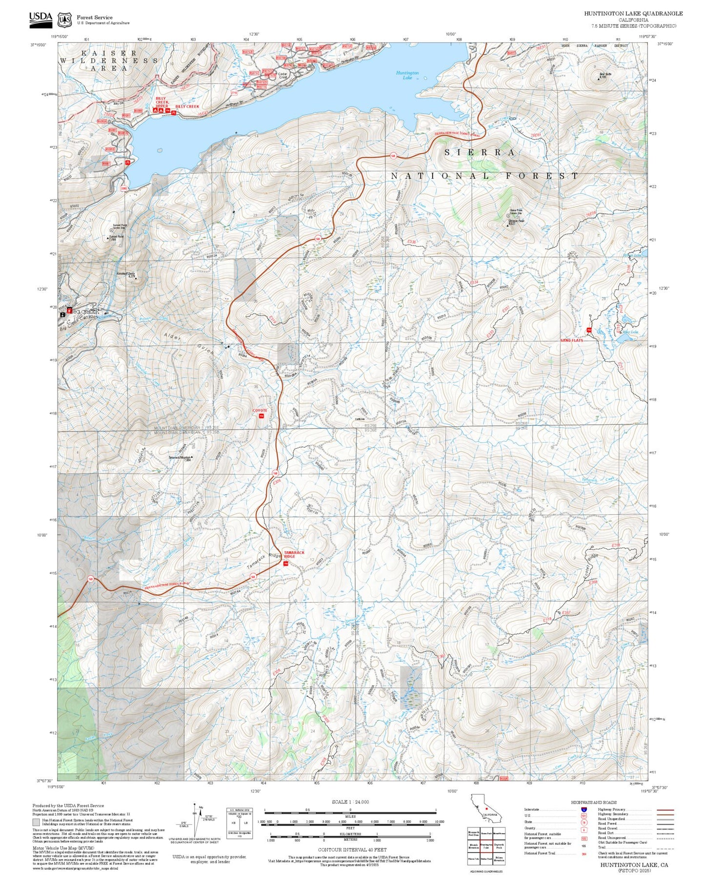 2025 Forest Service Topo Map of Huntington Lake California