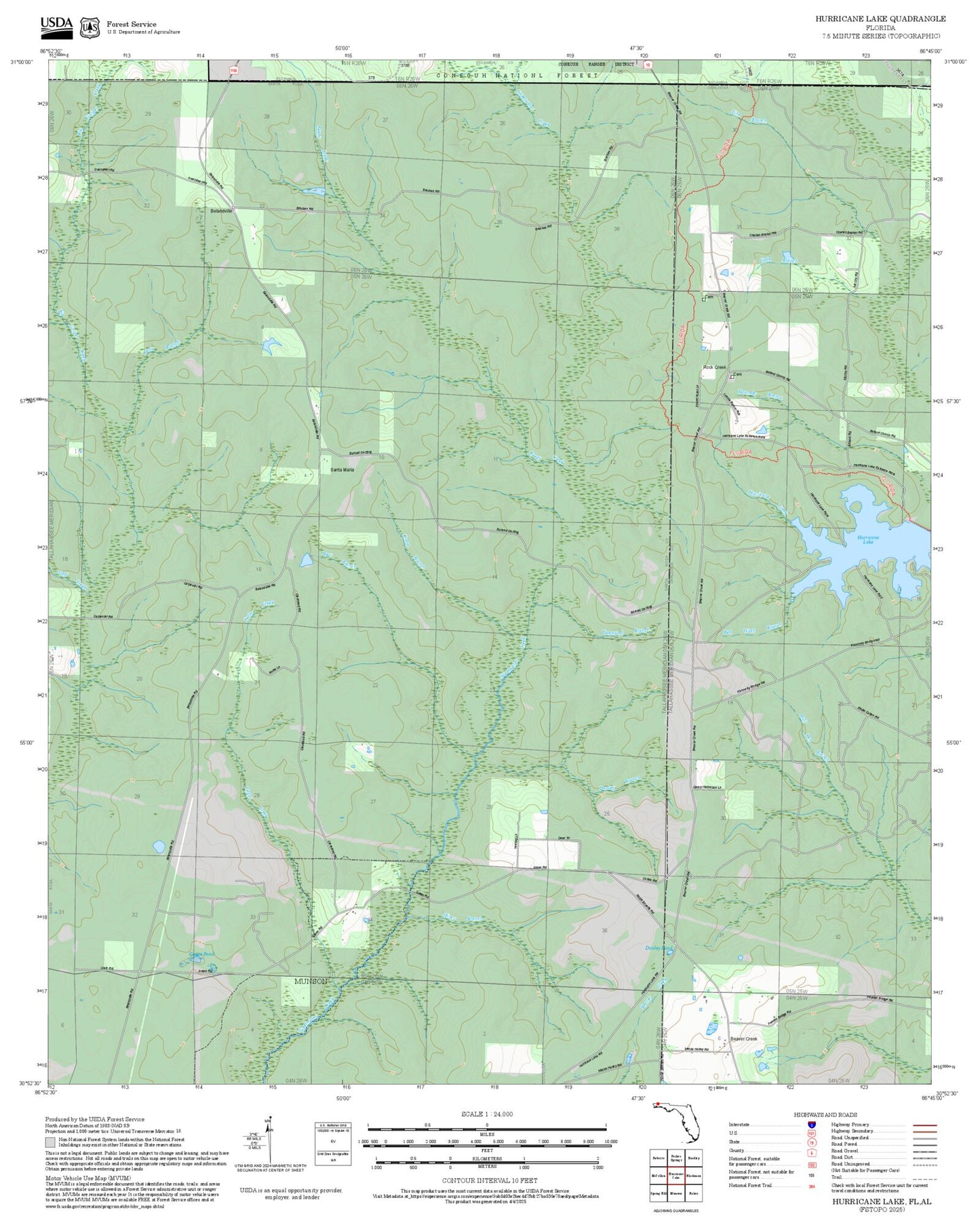 2025 Forest Service Topo Map of Hurricane Lake Florida