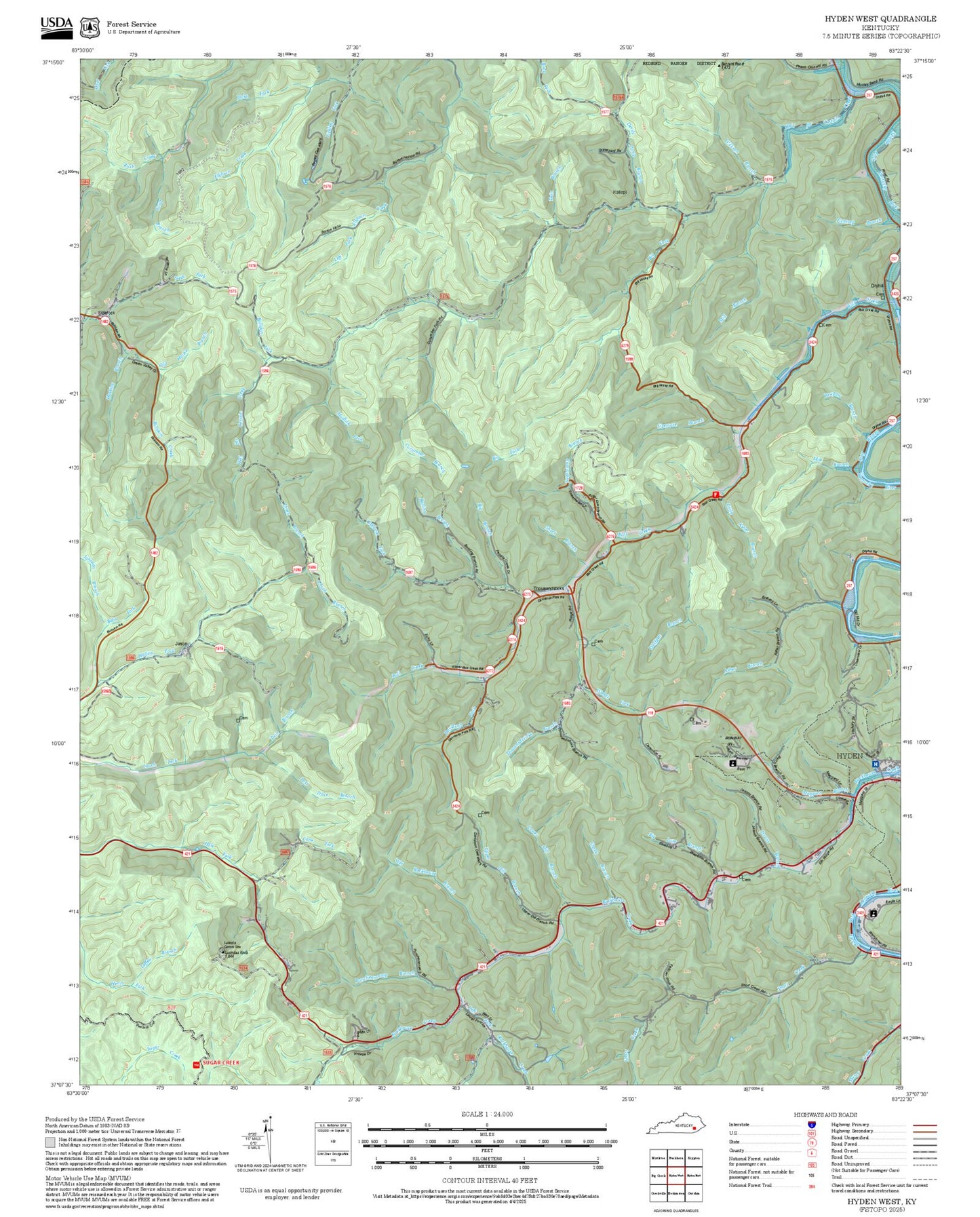 2025 Forest Service Topo Map of Hyden West Kentucky