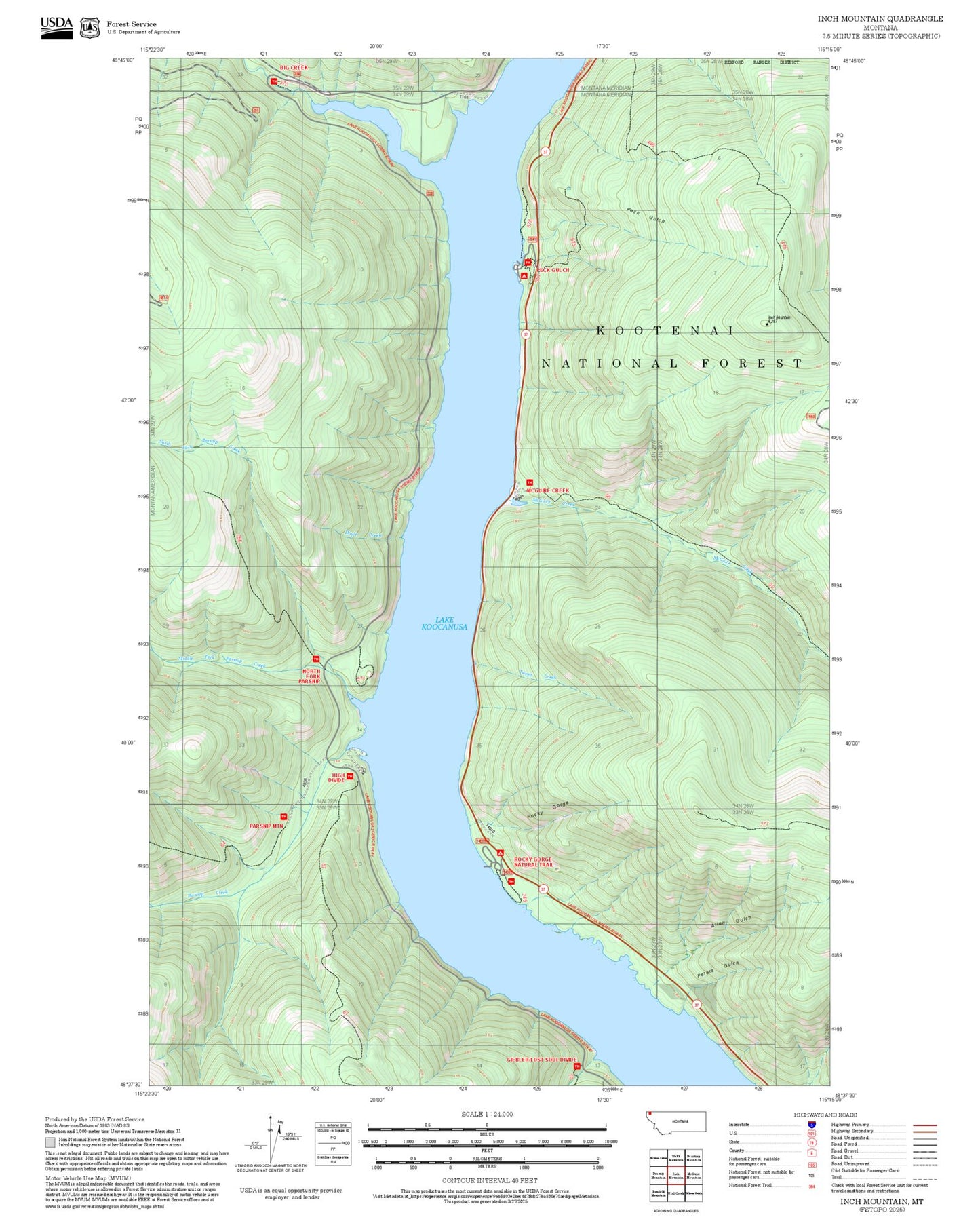 2025 Forest Service Topo Map of Inch Mountain Montana