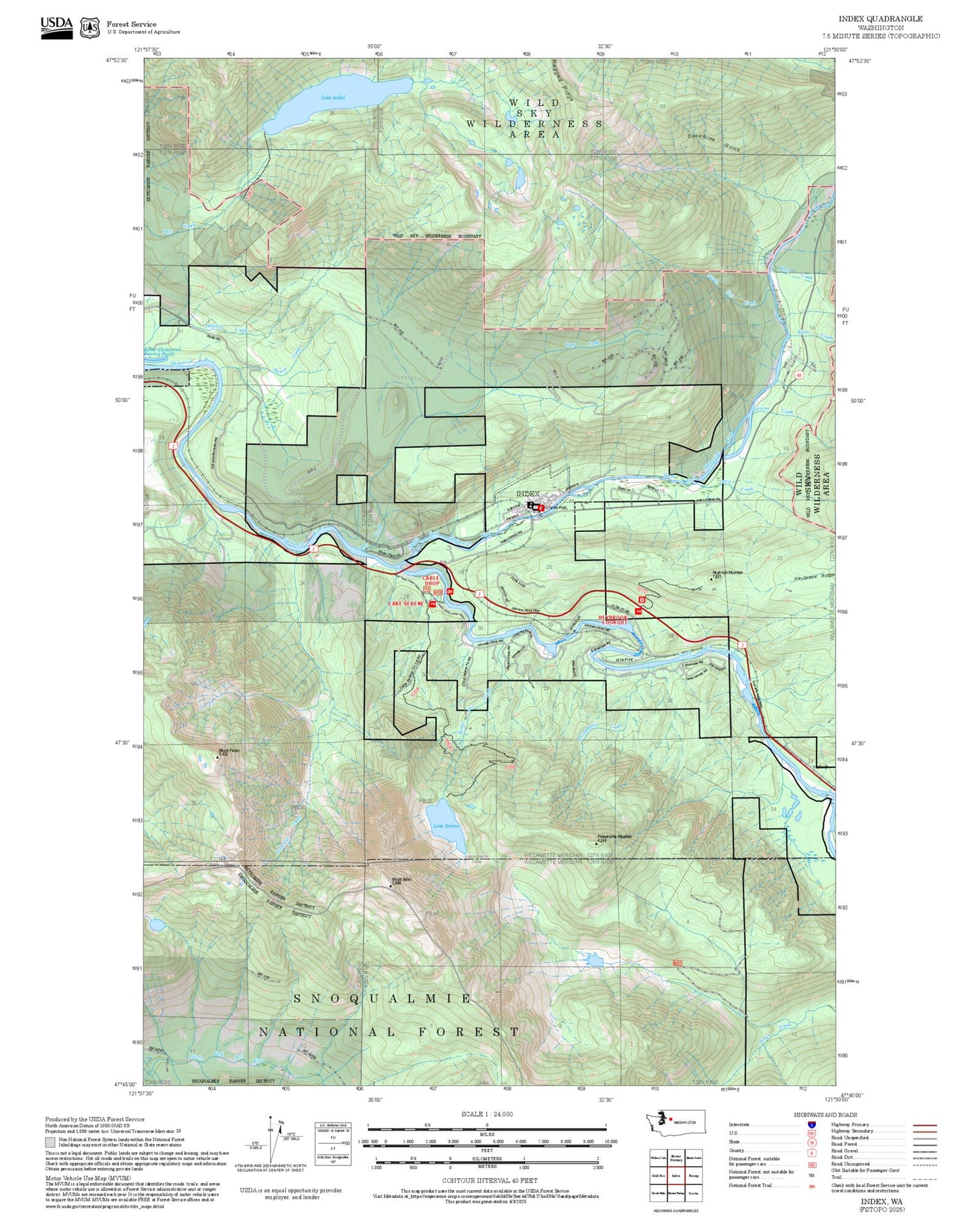 2025 Forest Service Topo Map of Index Washington