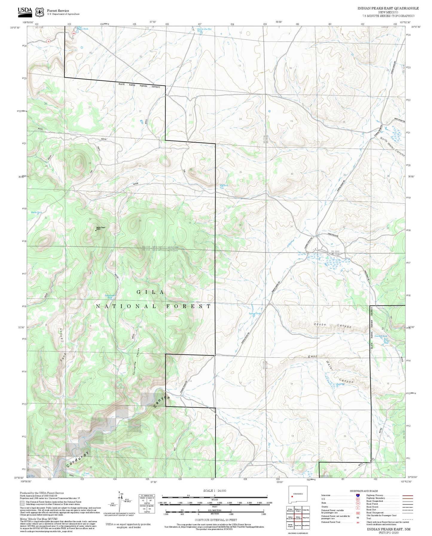 2025 Forest Service Topo Map of Indian Peaks East New Mexico