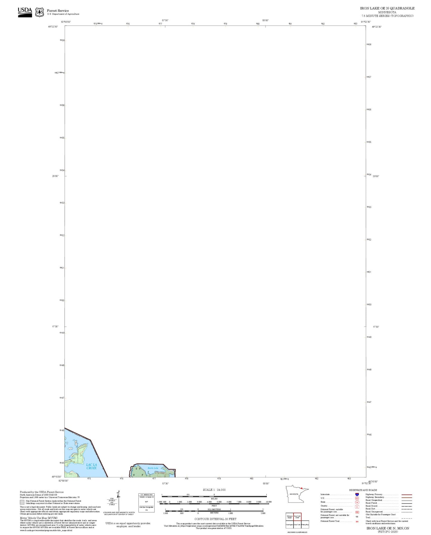 2025 Forest Service Topo Map of Iron Lake OE N Minnesota