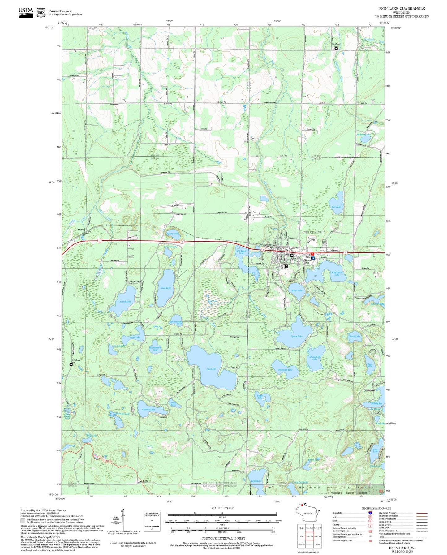 2025 Forest Service Topo Map of Iron Lake Wisconsin