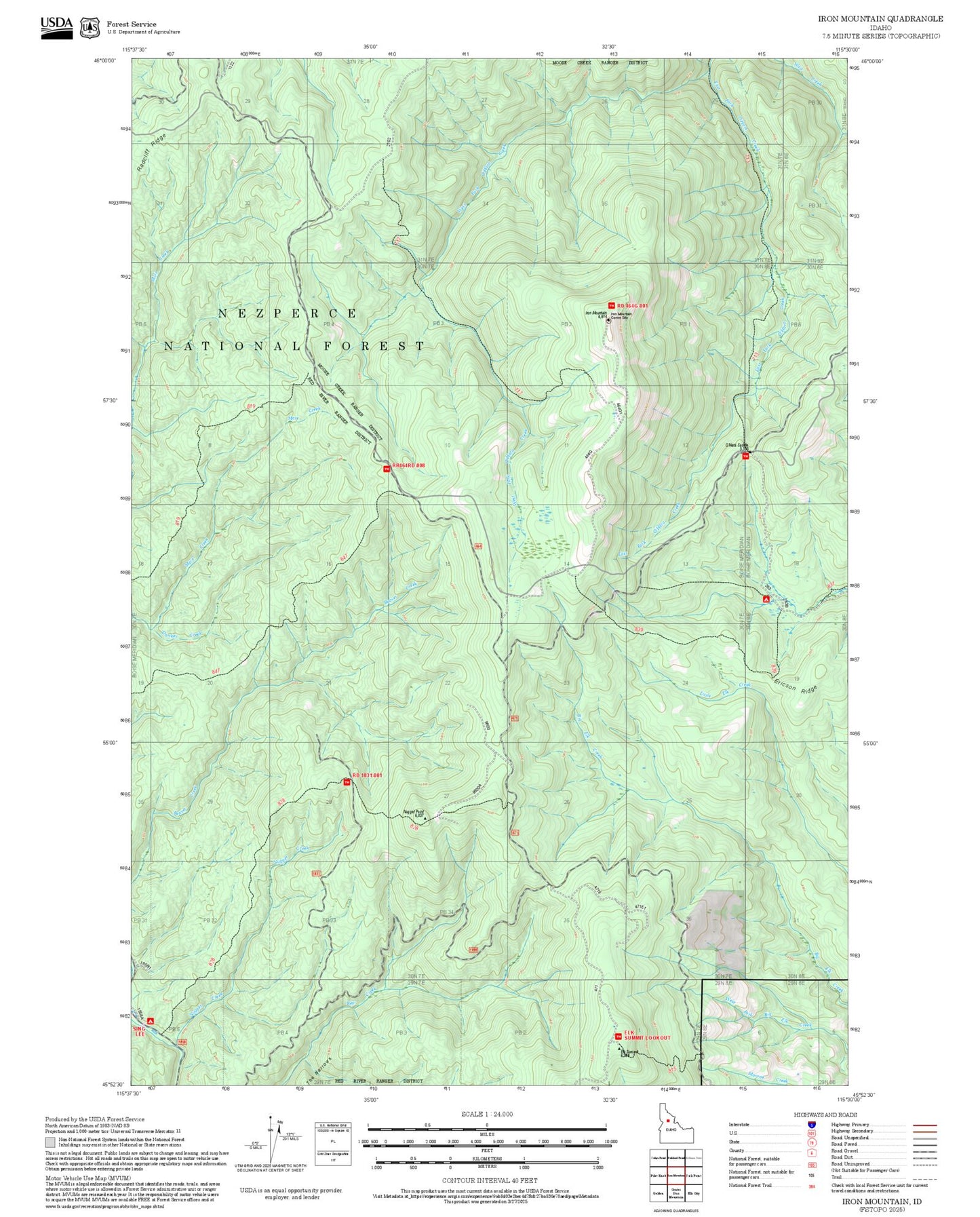 2025 Forest Service Topo Map of Iron Mountain Idaho
