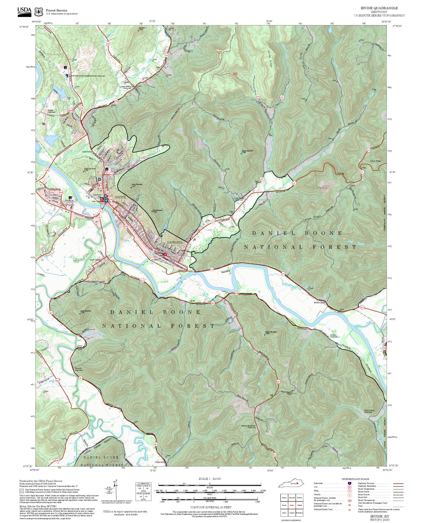 2025 Forest Service Topo Map of Irvine Kentucky