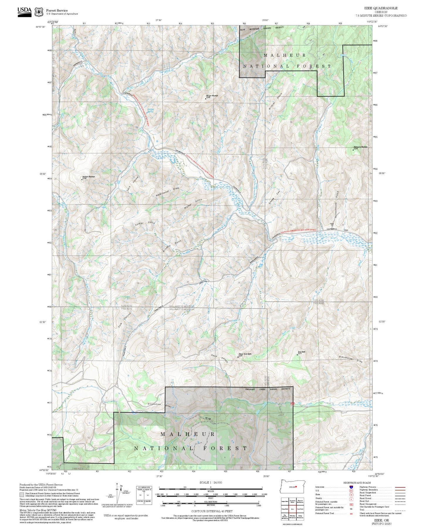 2025 Forest Service Topo Map of Izee Oregon